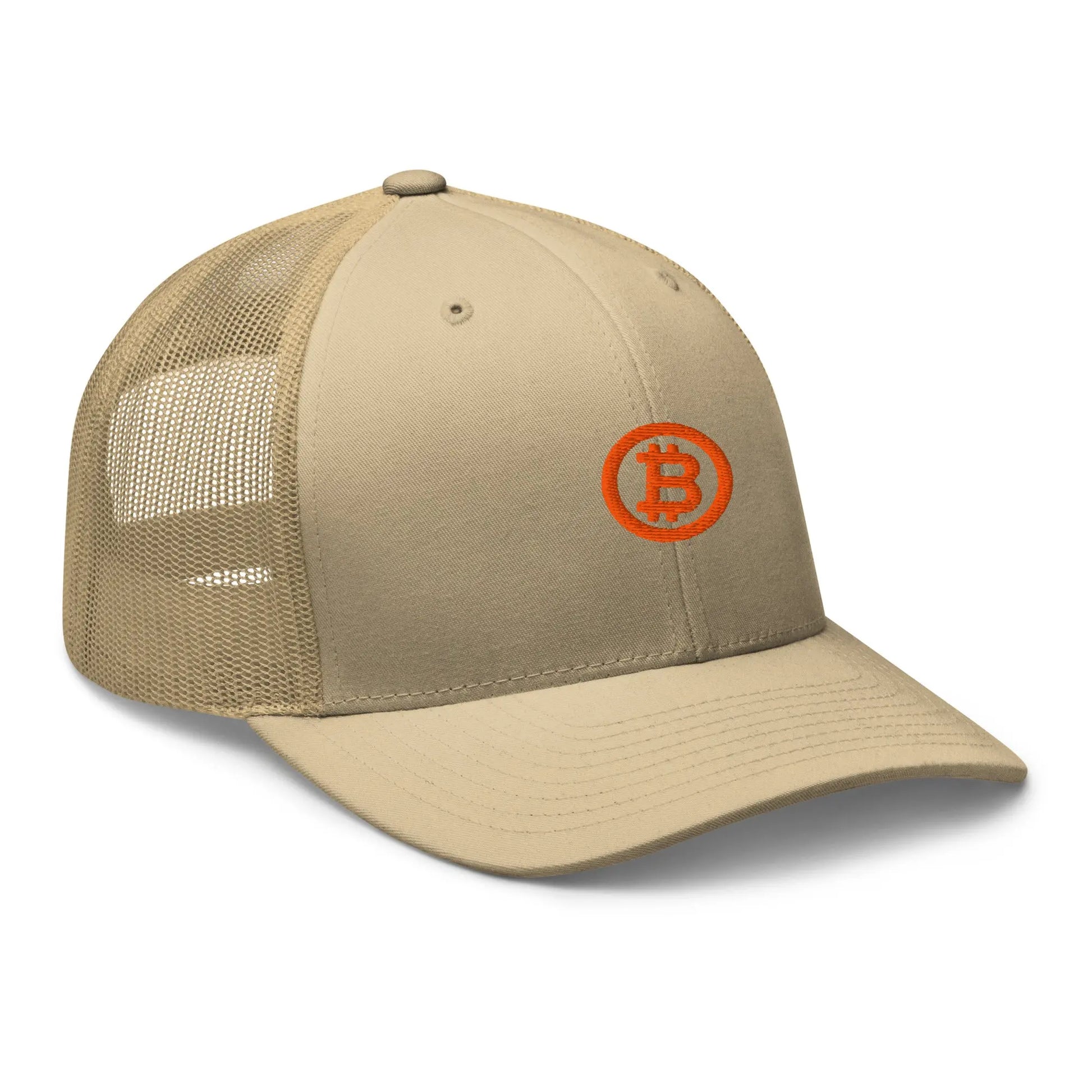 bitcoin trucker hat - bitcoin circle - angled front view - khaki