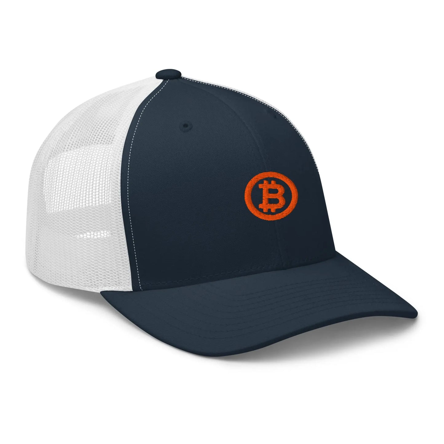 bitcoin trucker hat - bitcoin circle - angled front view - navy and white
