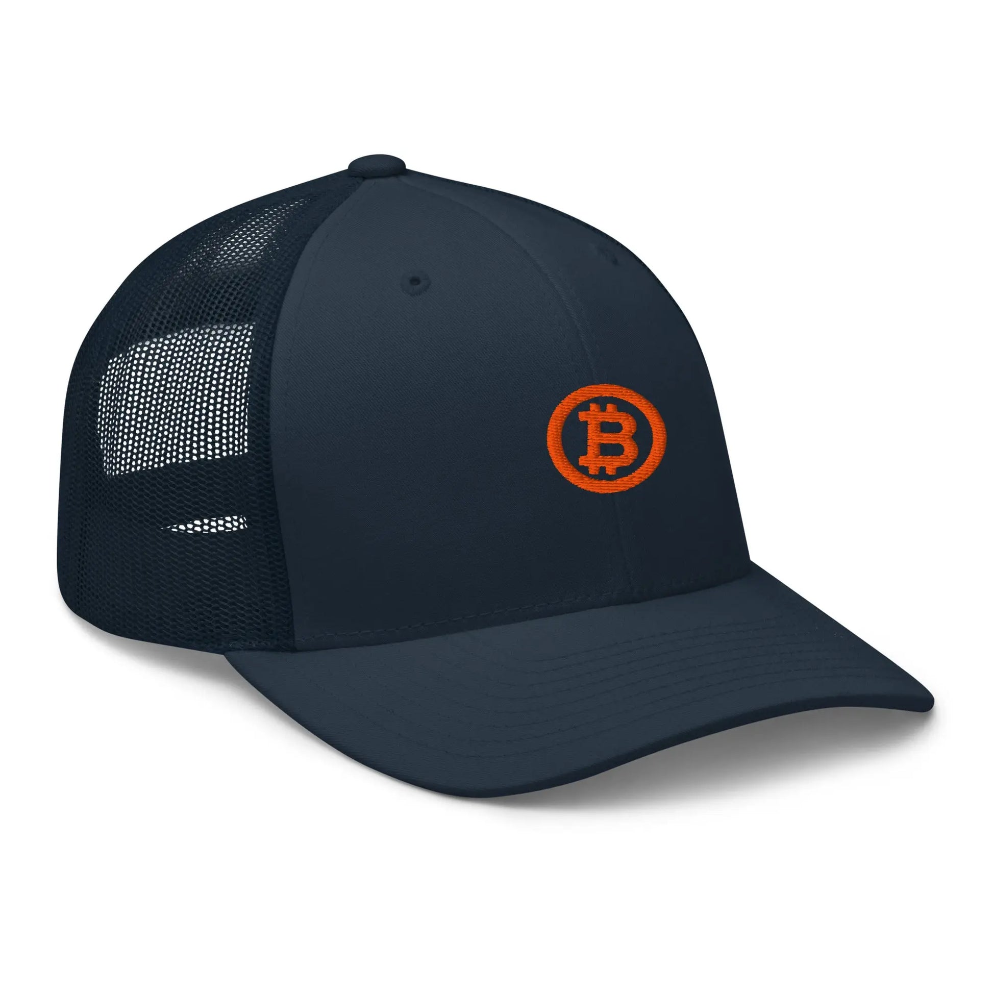 bitcoin trucker hat - bitcoin circle - angled front view - navy