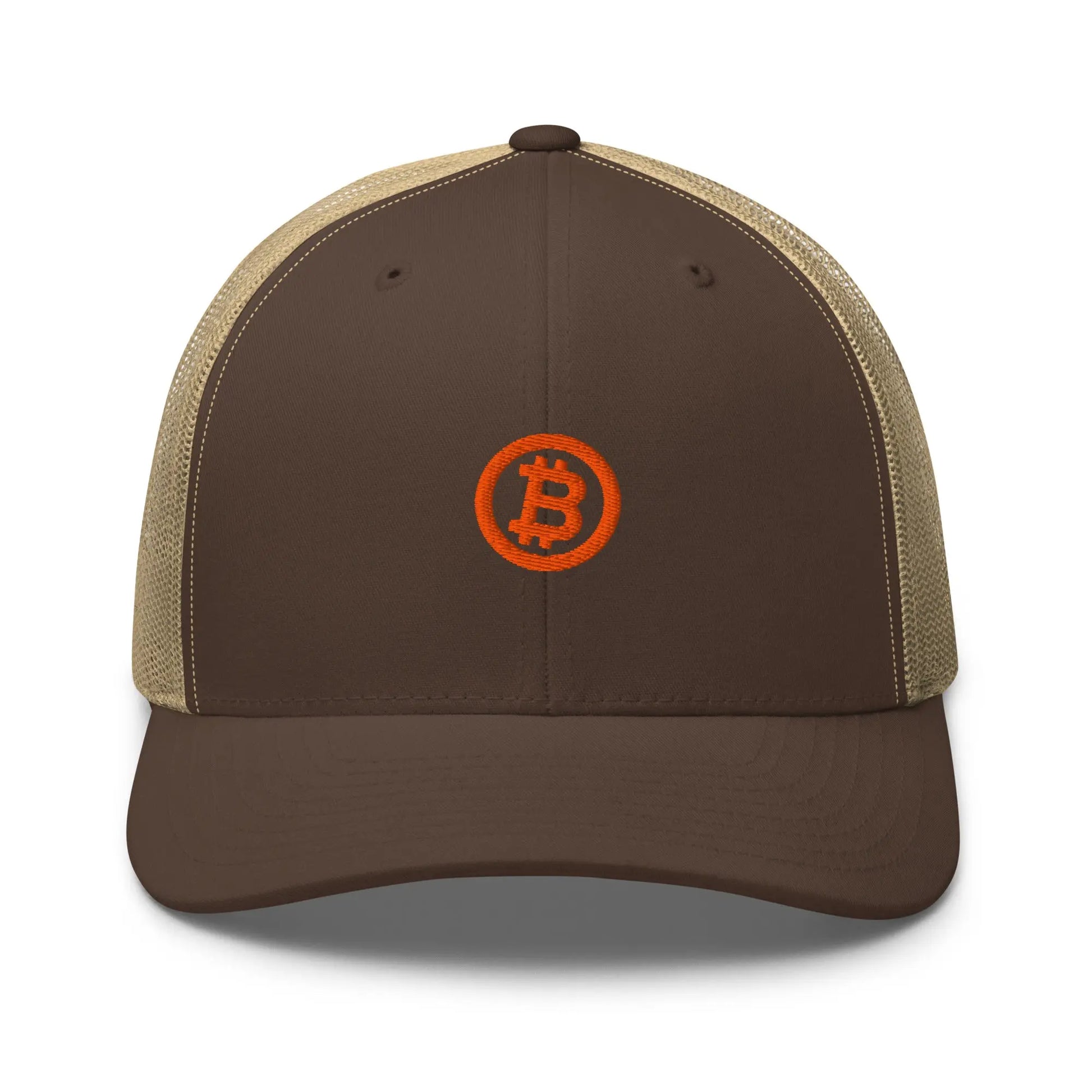bitcoin trucker hat - bitcoin circle - front view - brown and khaki