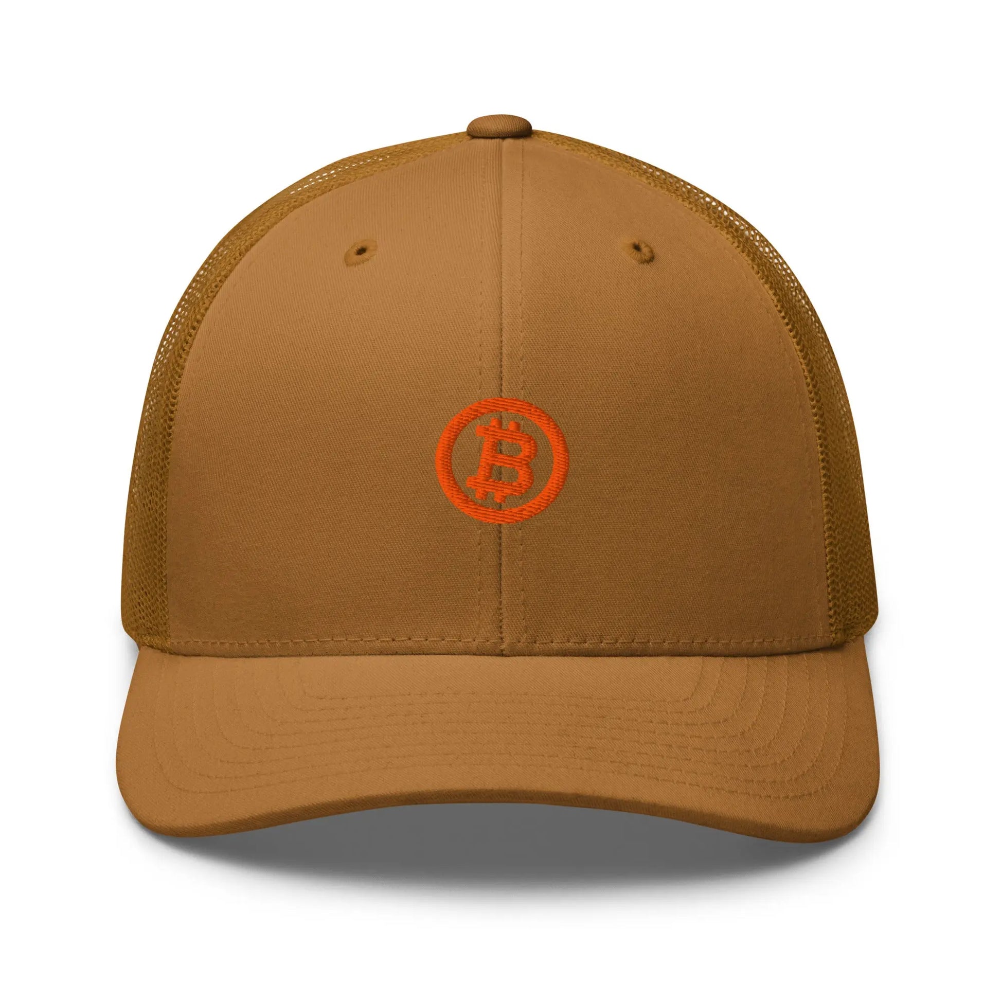 bitcoin trucker hat - bitcoin circle - front view - caramel