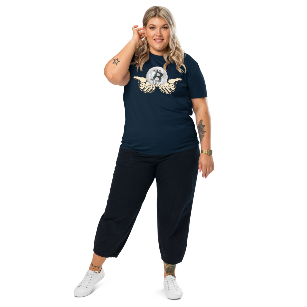 Bitcoin T-Shirt – Crystal Ball - on standing female model - blue