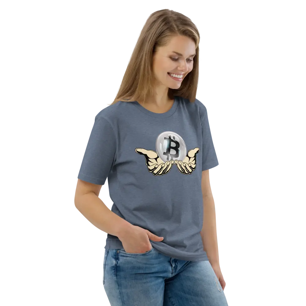 Bitcoin T-Shirt – Crystal Ball - worn on female model - smile - blue