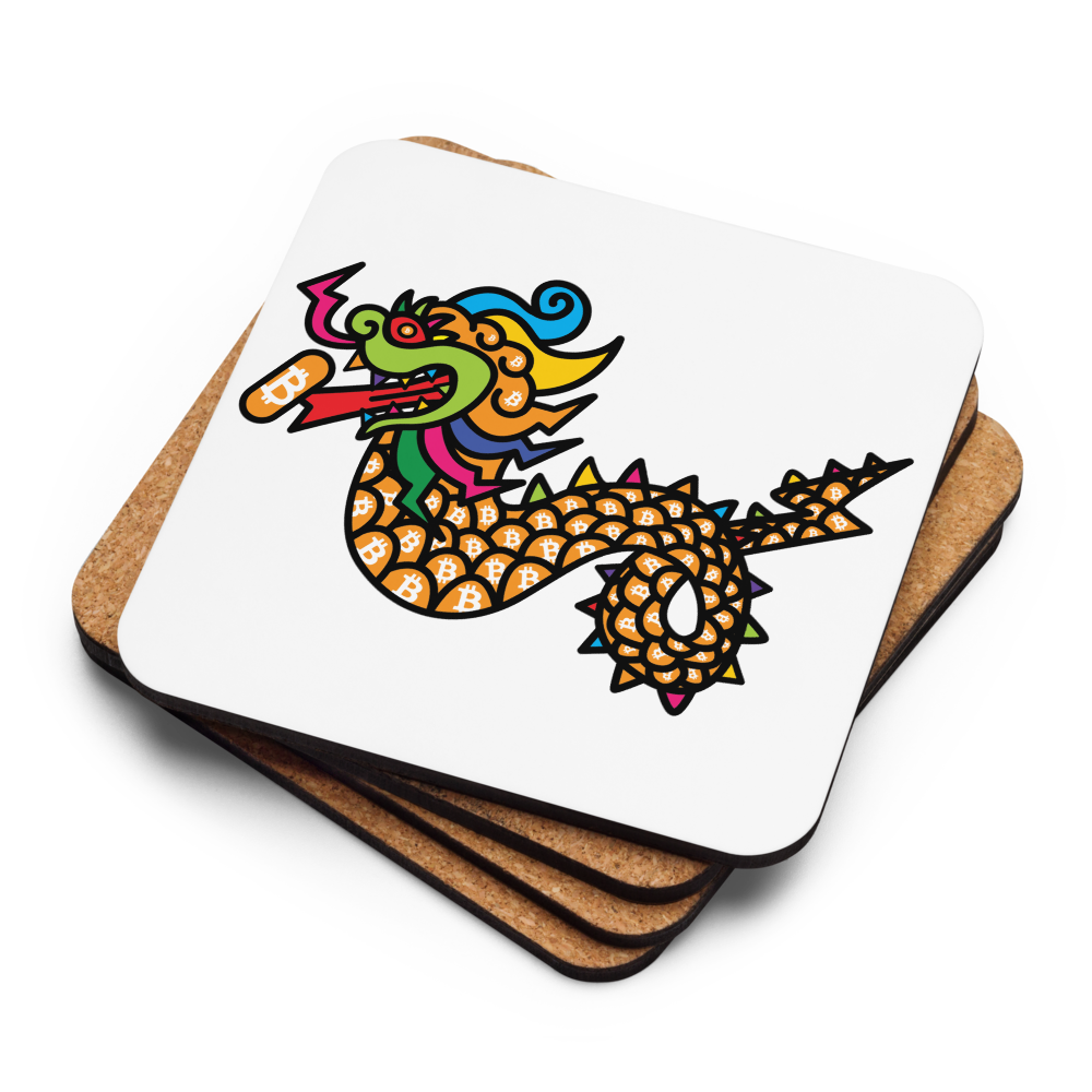 Bitcoin Dragon Bitcoin coaster stack by BitPopArt — cork backs + face up