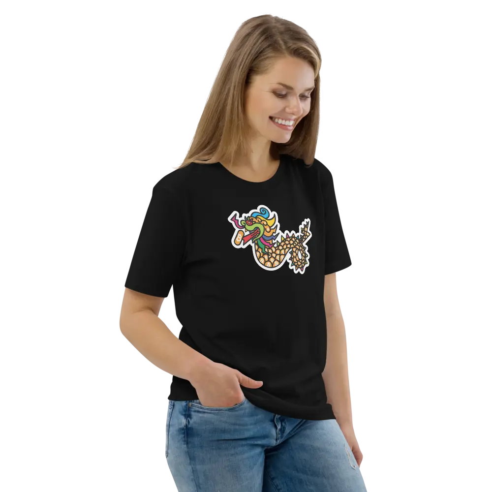 Bitcoin T-Shirt – Bitcoin Dragon - worn on female model - black color shirt