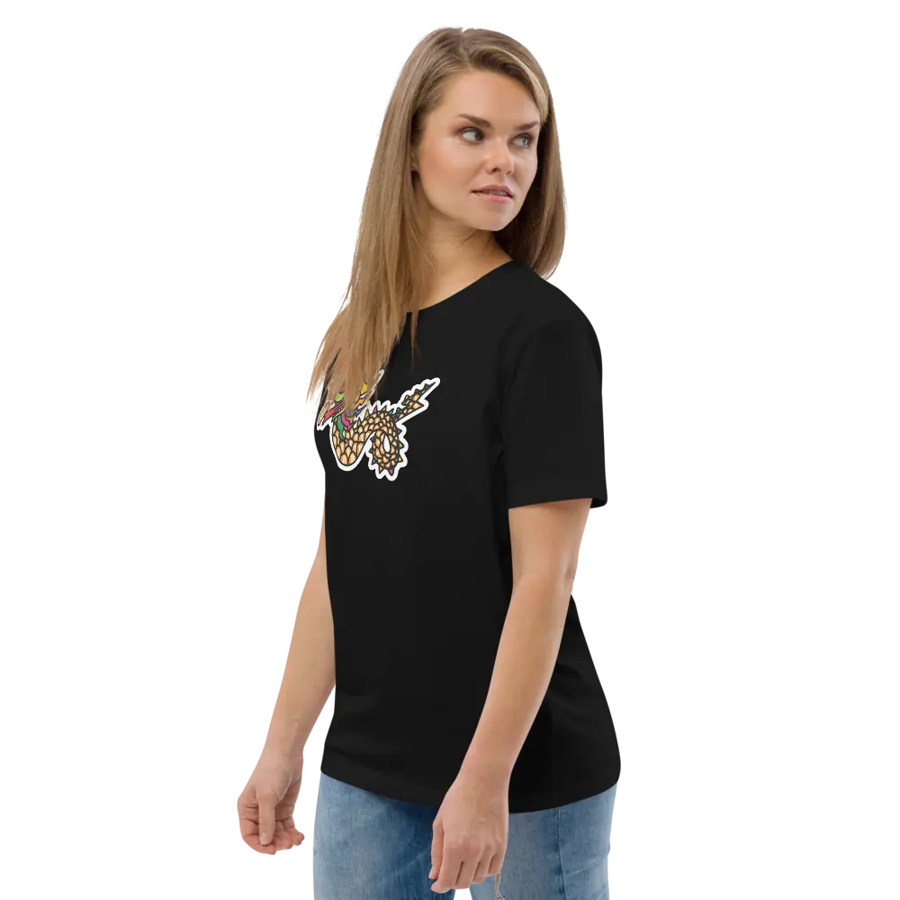 Bitcoin T-Shirt – Bitcoin Dragon - worn on female model - black color - side view