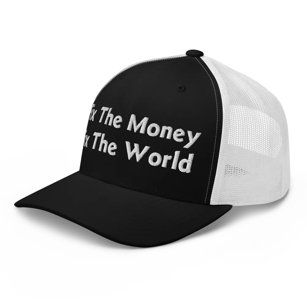 bitcoin trucker hat fix the money design angled front black and white