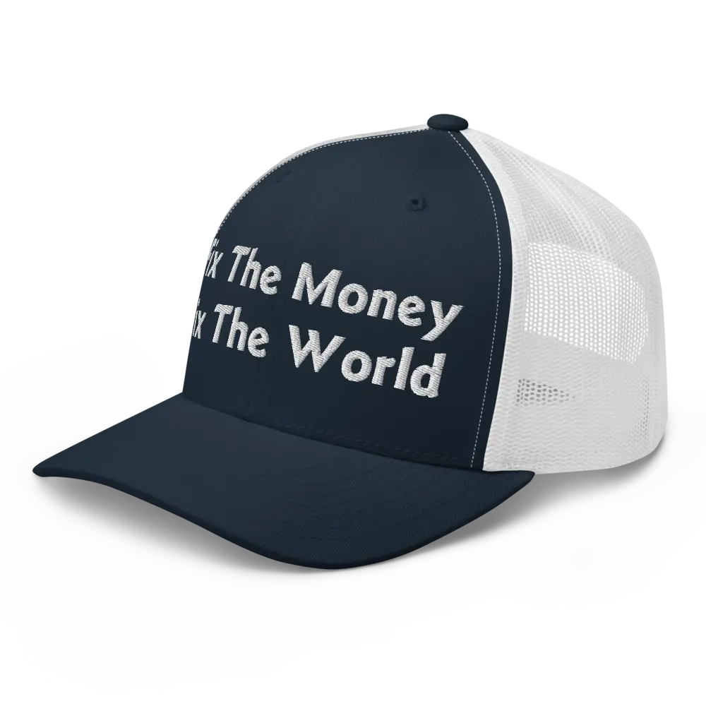 bitcoin trucker hat fix the money design angled front navy and white
