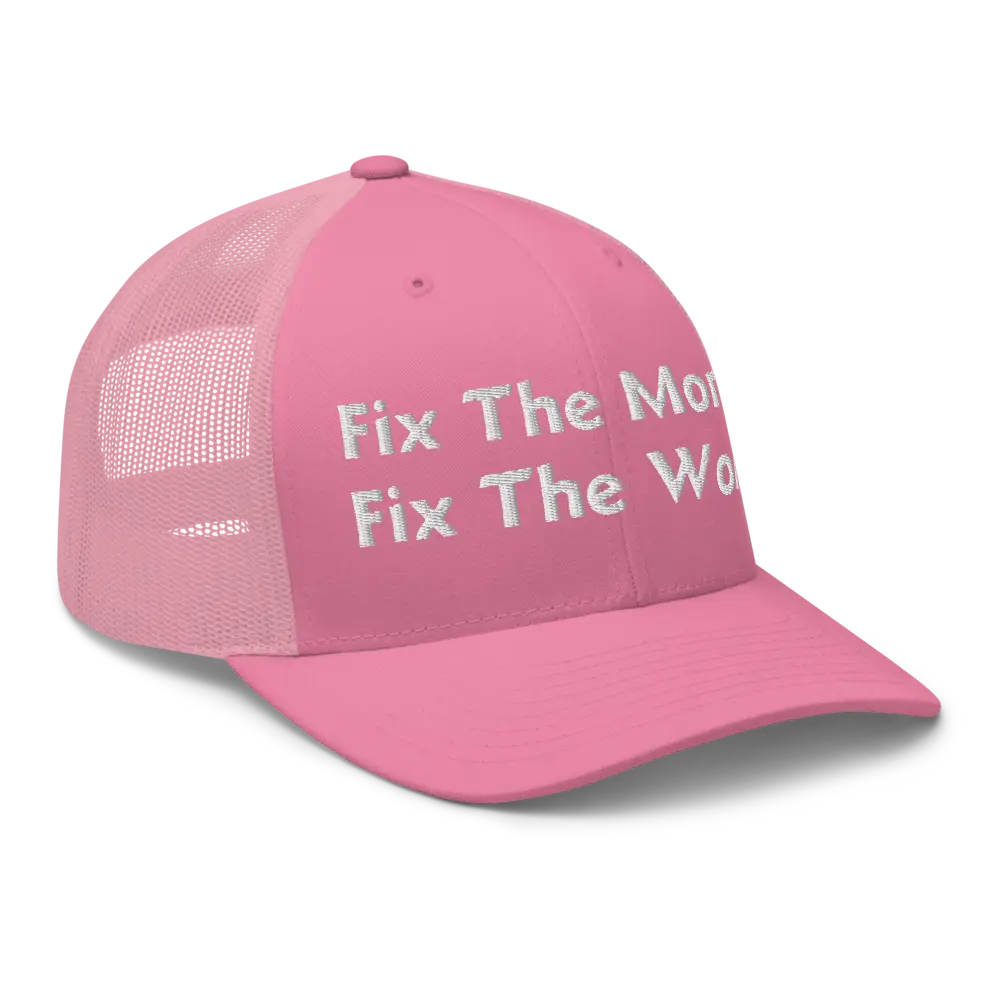 bitcoin trucker hat fix the money design angled front pink