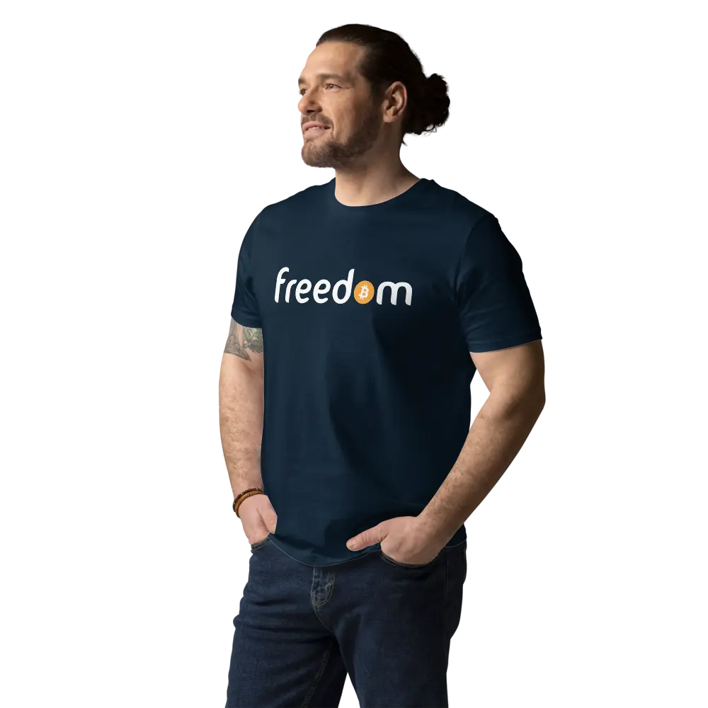 Bitcoin T-Shirt – Freedom - worn on male model - navy blue