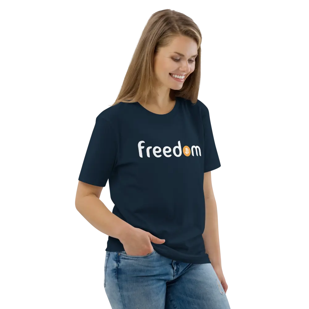 Bitcoin T-Shirt – Freedom - worn on model - navy blue