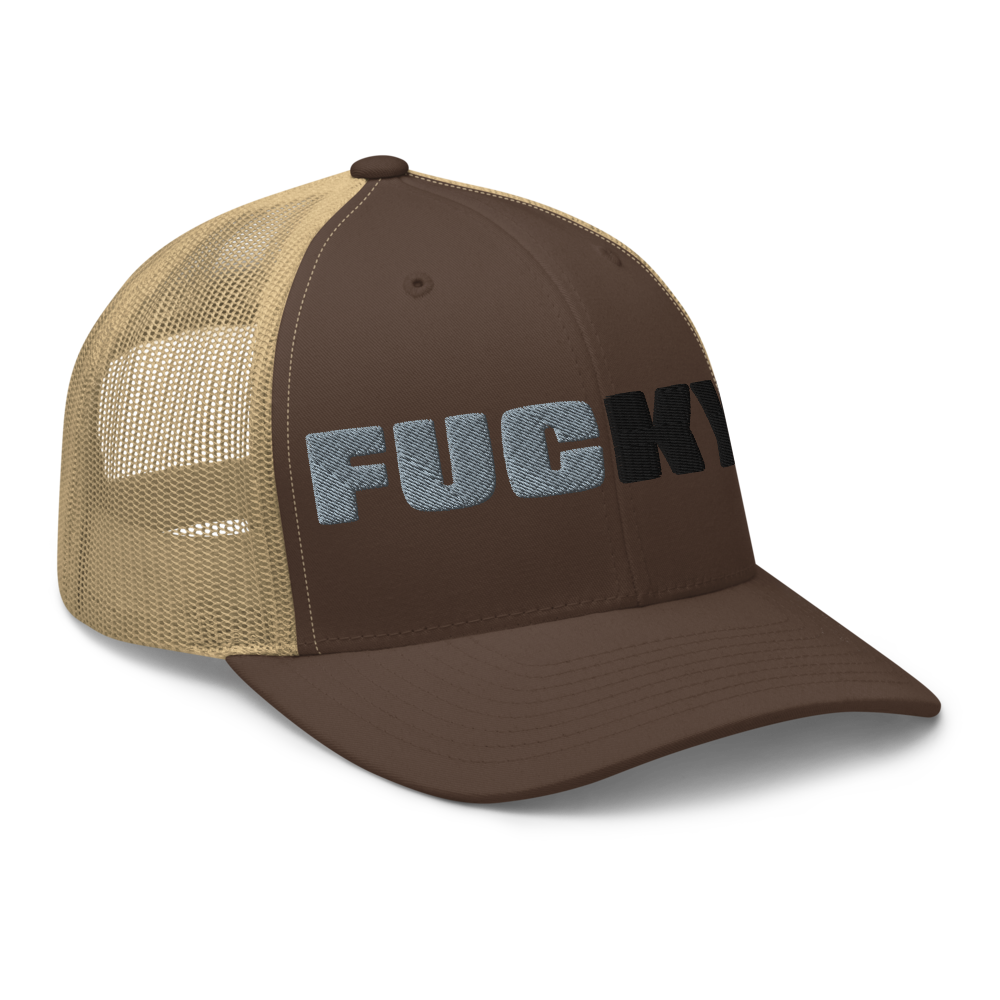 bitcoin trucker hat fuckyc design angled front brown khaki