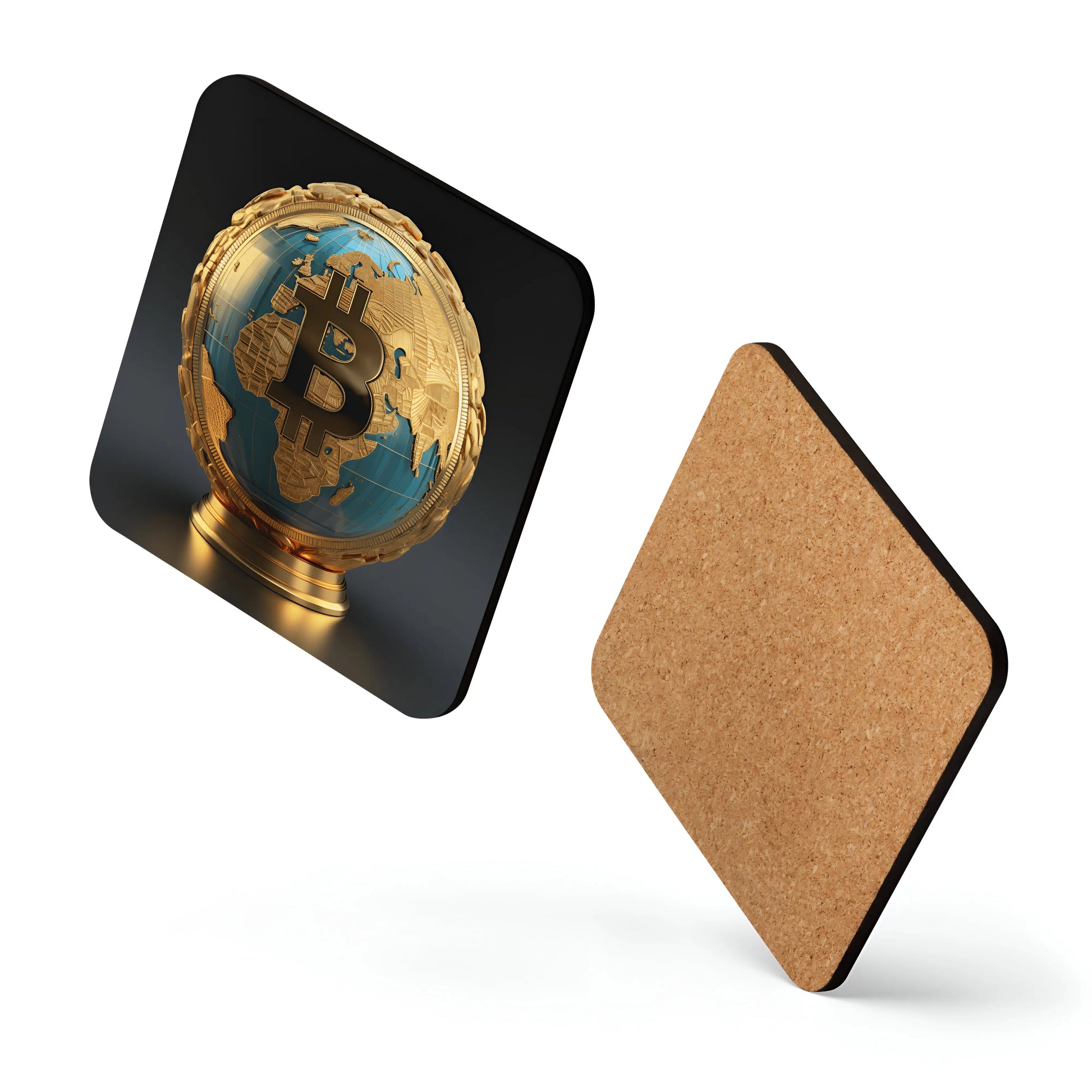 Globe Bitcoin coaster floating layout front view