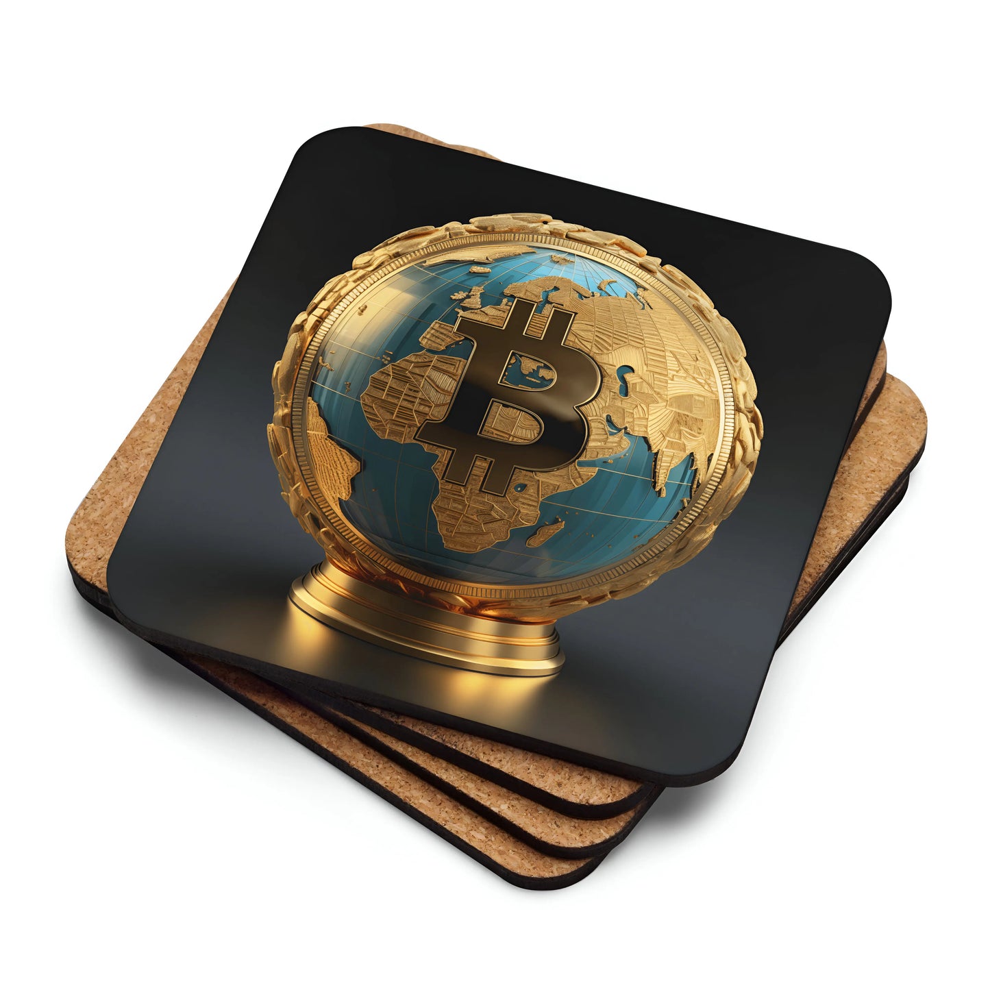 Bitcoin Globe Bitcoin coaster stacked with cork backing