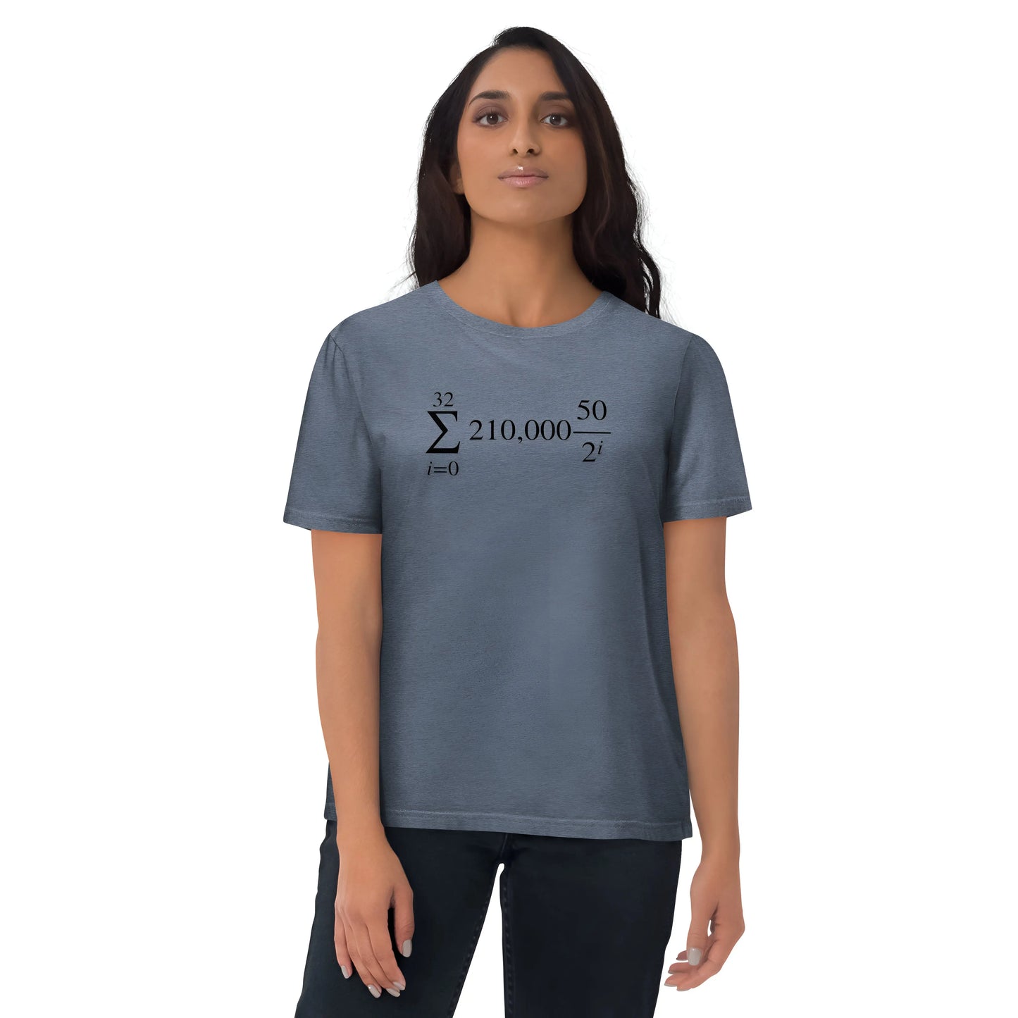 bitcoin t-shirt - bitcoin halving formula - worn on model - blue