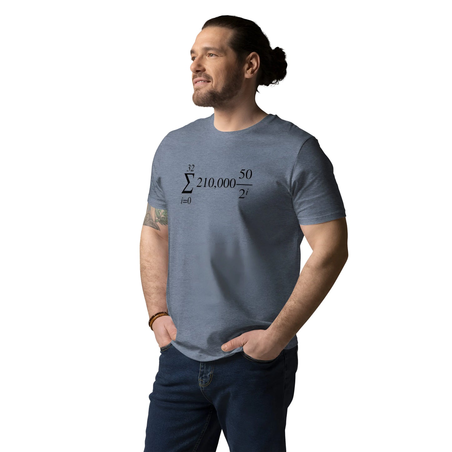 bitcoin t-shirt - bitcoin halving formula - male model - blue