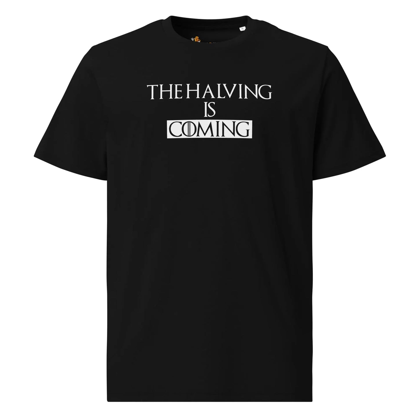 Bitcoin T-Shirt – The Halving Is Coming | Store of Value — on hanger - black color shirt