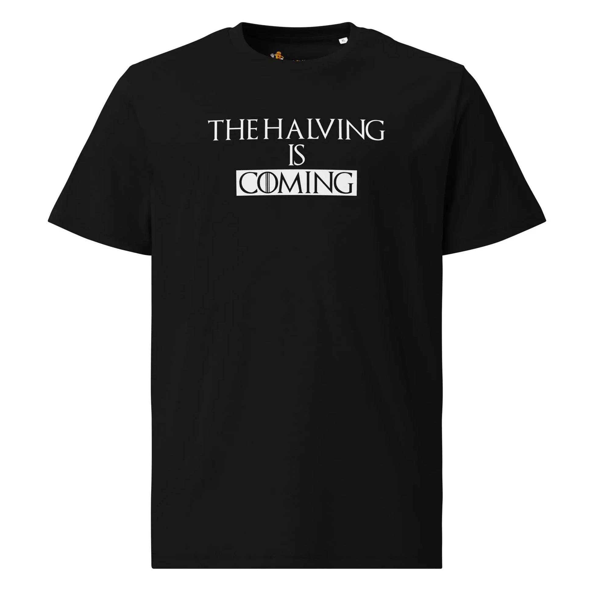 Bitcoin T-Shirt – The Halving Is Coming | Store of Value — on hanger - black color shirt
