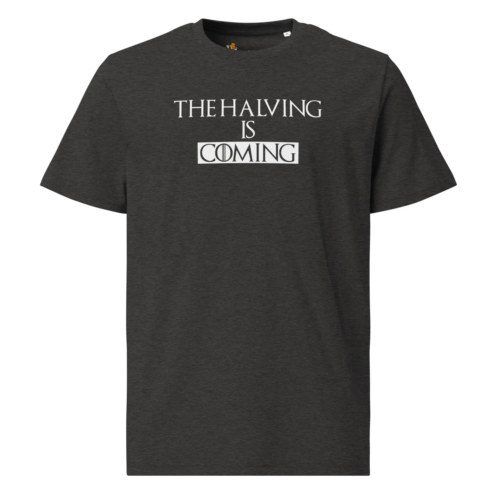 Bitcoin T-Shirt – The Halving Is Coming | Store of Value — on hanger - grey color shirt