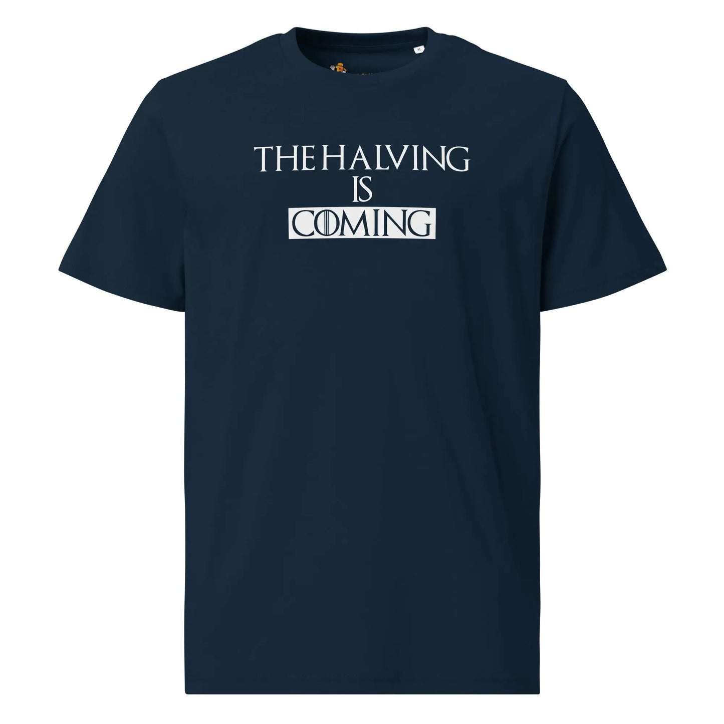 Bitcoin T-Shirt – The Halving Is Coming | Store of Value — on hanger - navy blue color shirt