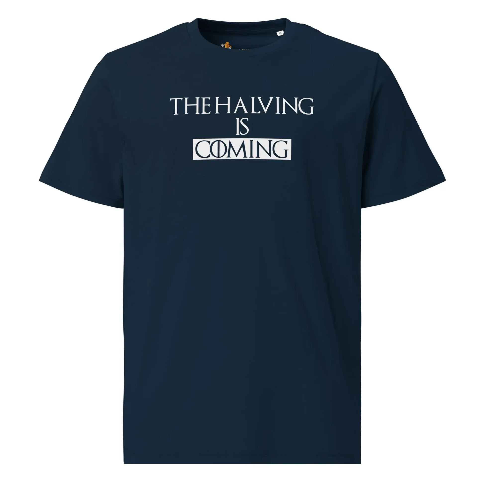 Bitcoin T-Shirt – The Halving Is Coming | Store of Value — on hanger - navy blue color shirt