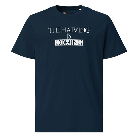 Bitcoin T-Shirt – The Halving Is Coming | Store of Value — on hanger - navy blue color shirt