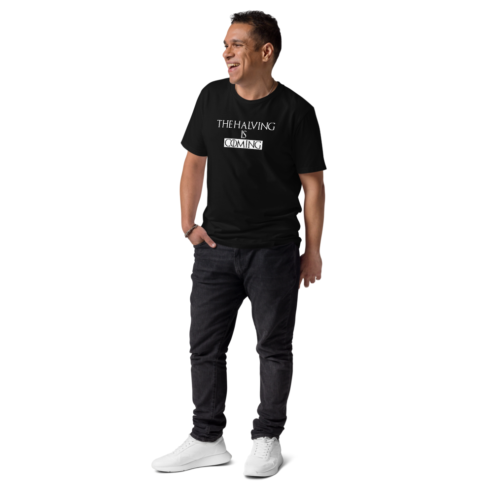 Bitcoin T-Shirt – The Halving Is Coming  worn on male model - black