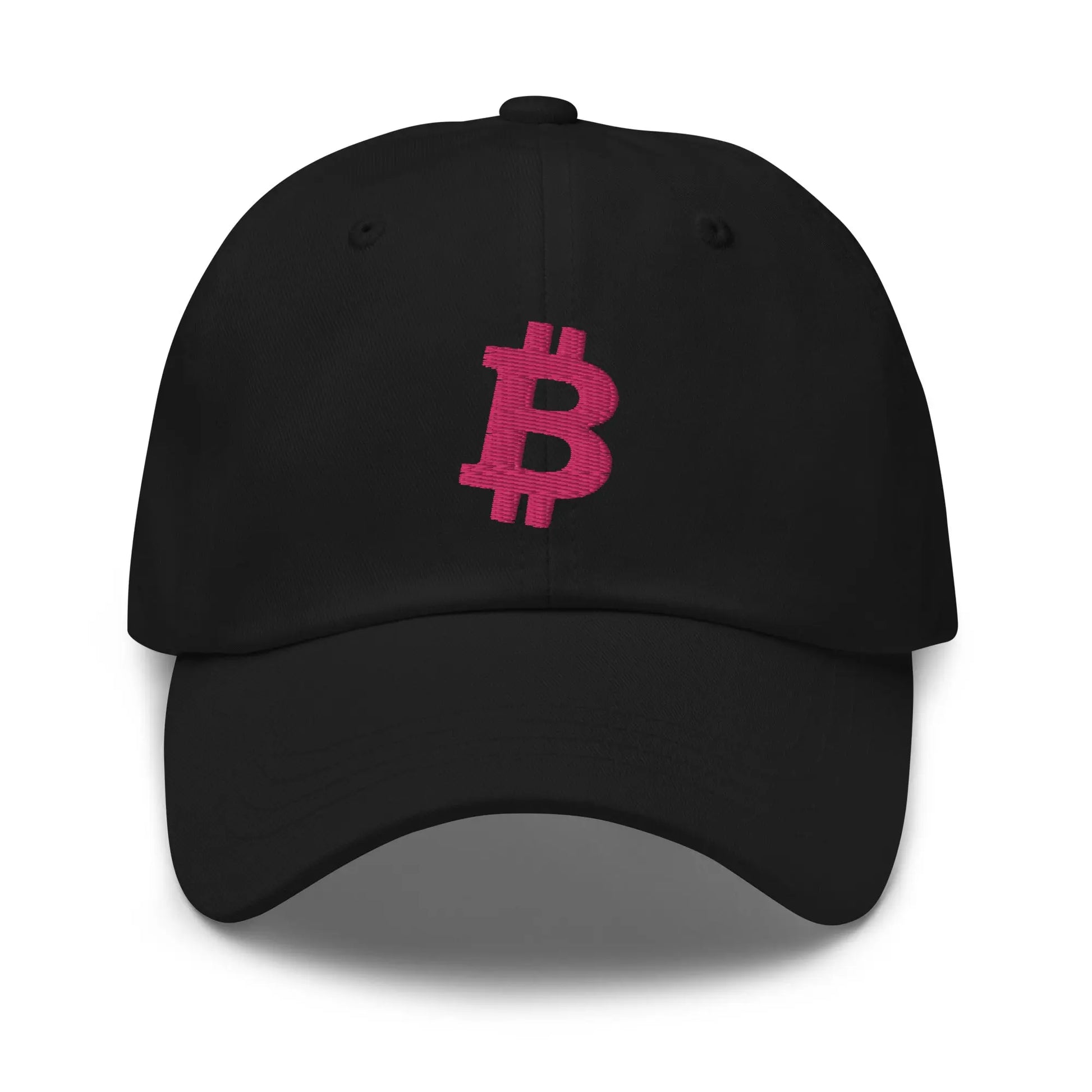 bitcoin hat - angled bitcoin symbol - flamingo color front - black