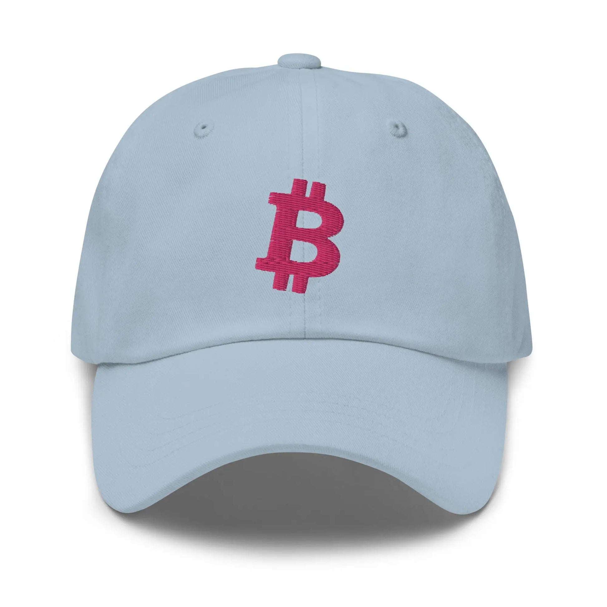 bitcoin hat - angled bitcoin symbol - flamingo color front - light blue