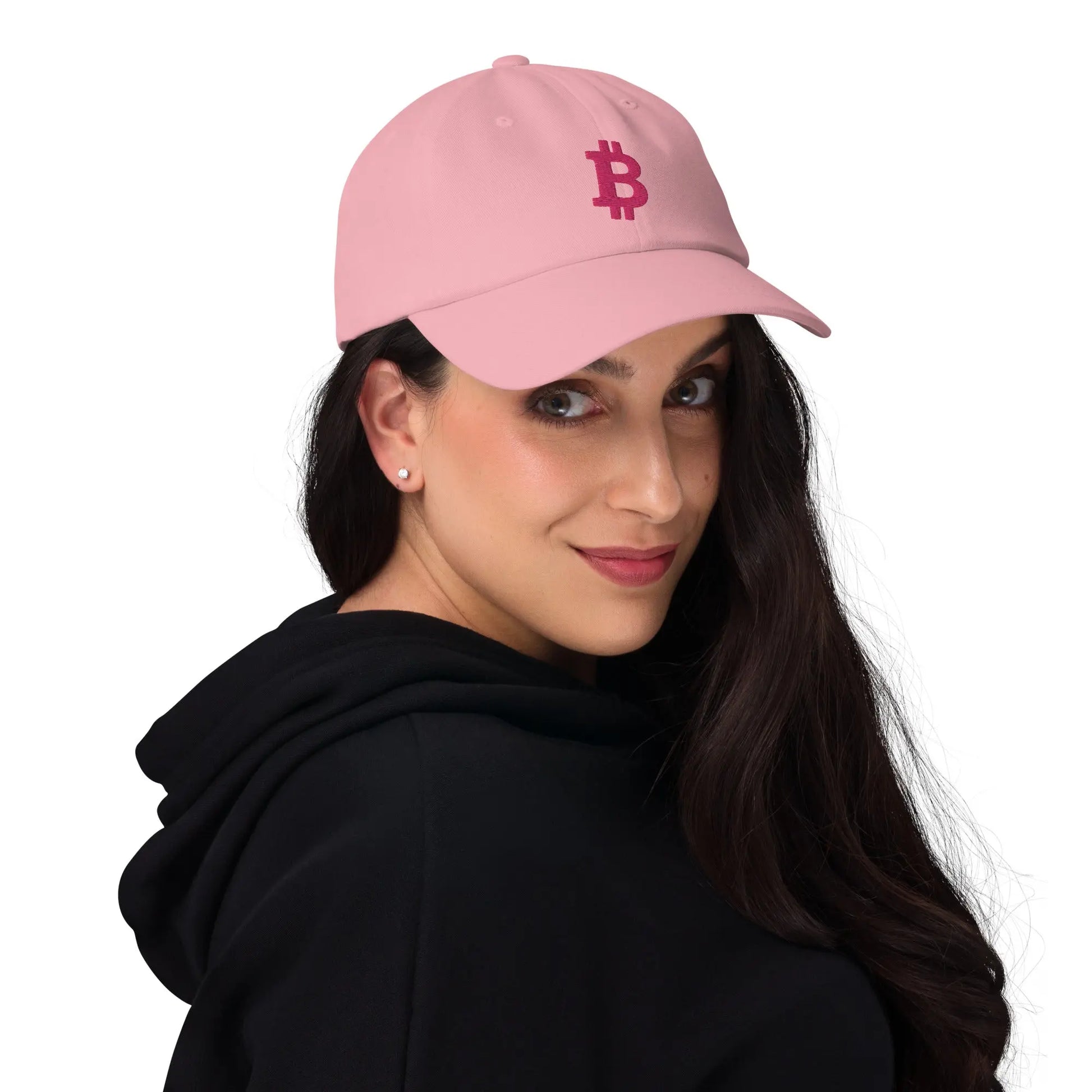 bitcoin hat - angled bitcoin symbol - flamingo color front female model - pink