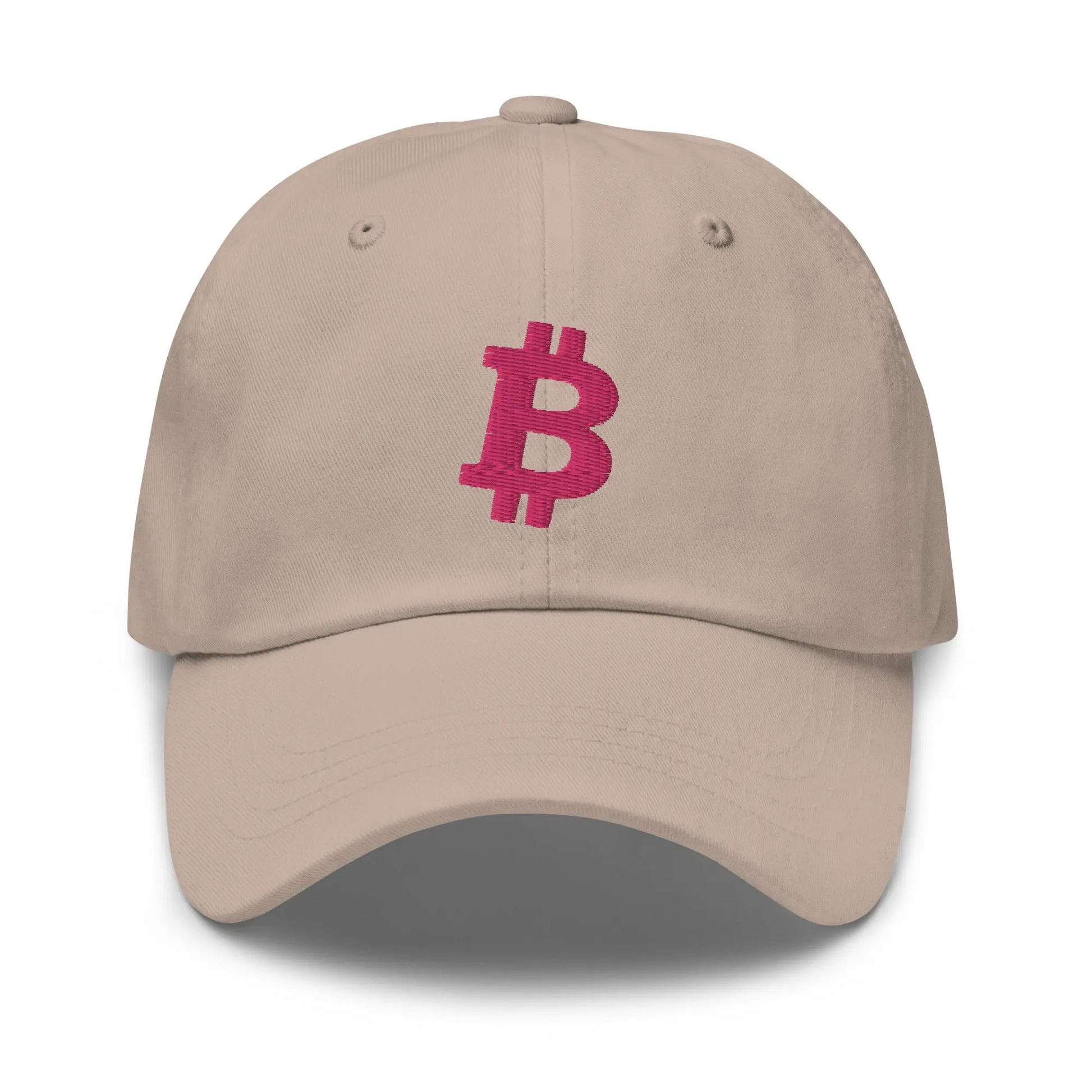 bitcoin hat - angled bitcoin symbol - flamingo color front - stone