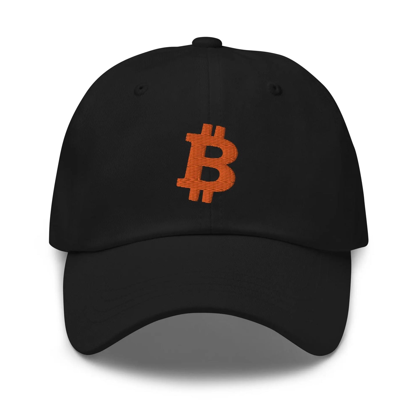 bitcoin hat - angled bitcoin symbol - orange embroidery front - black