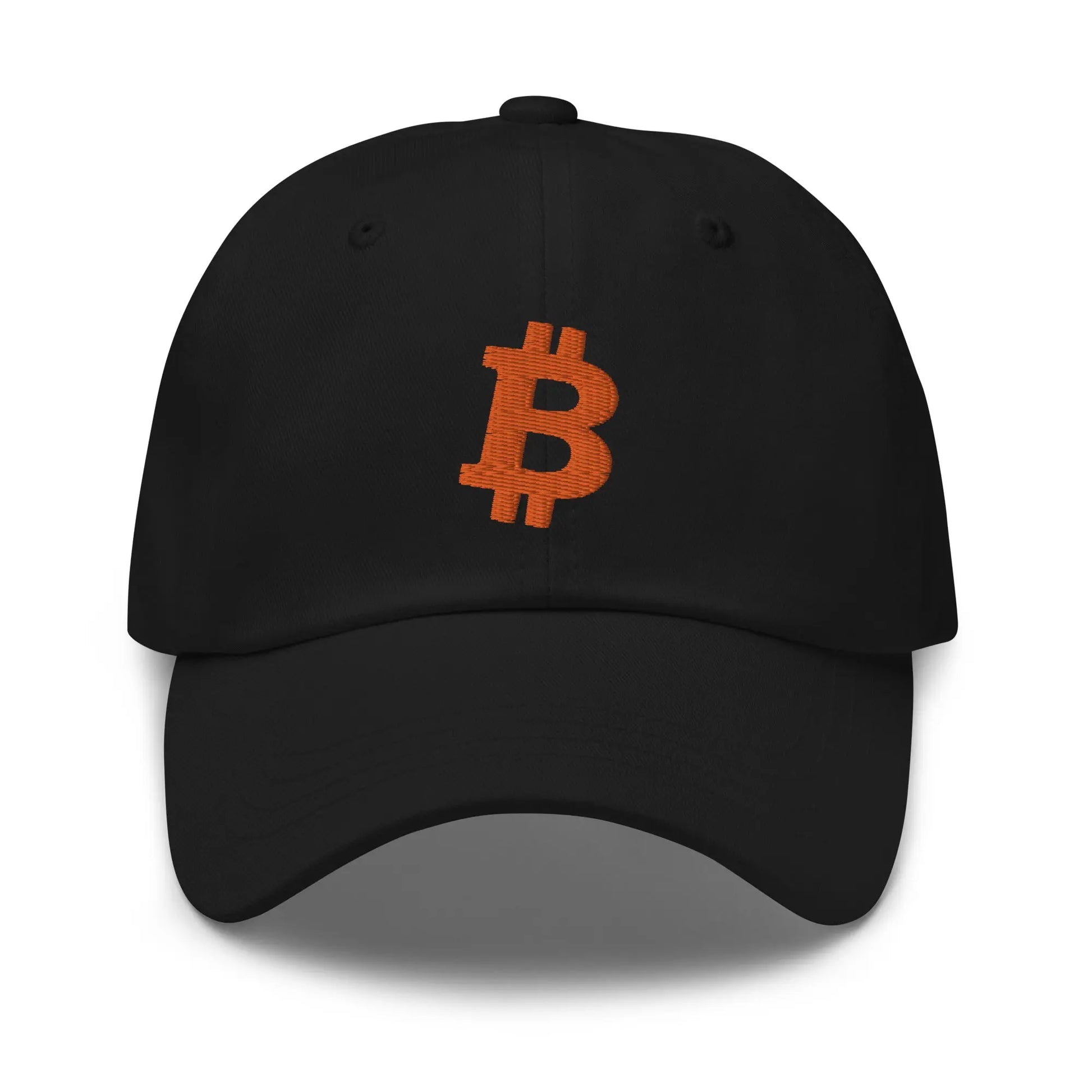 bitcoin hat - angled bitcoin symbol - orange embroidery front - black