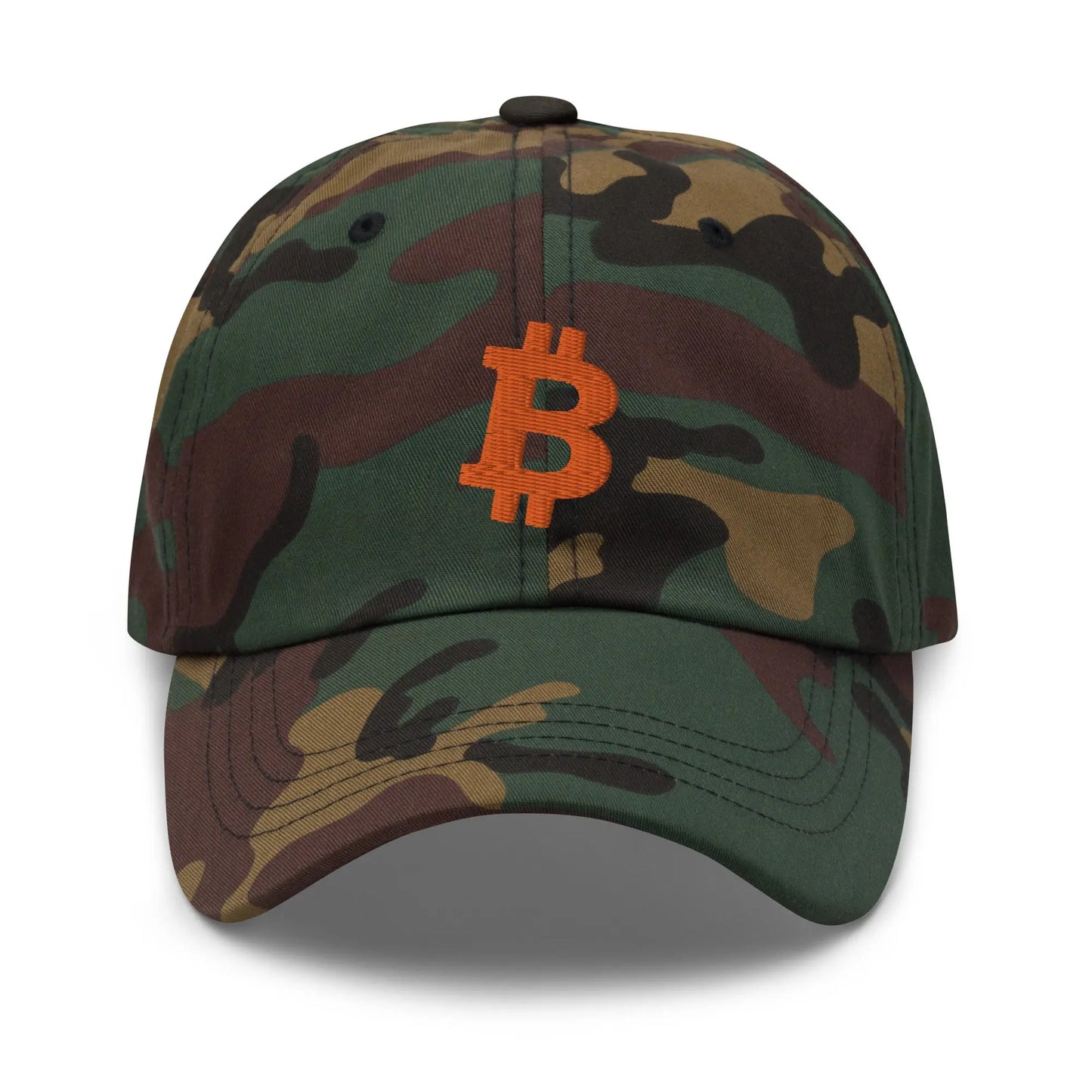 bitcoin hat - angled bitcoin symbol - orange embroidery front - camo