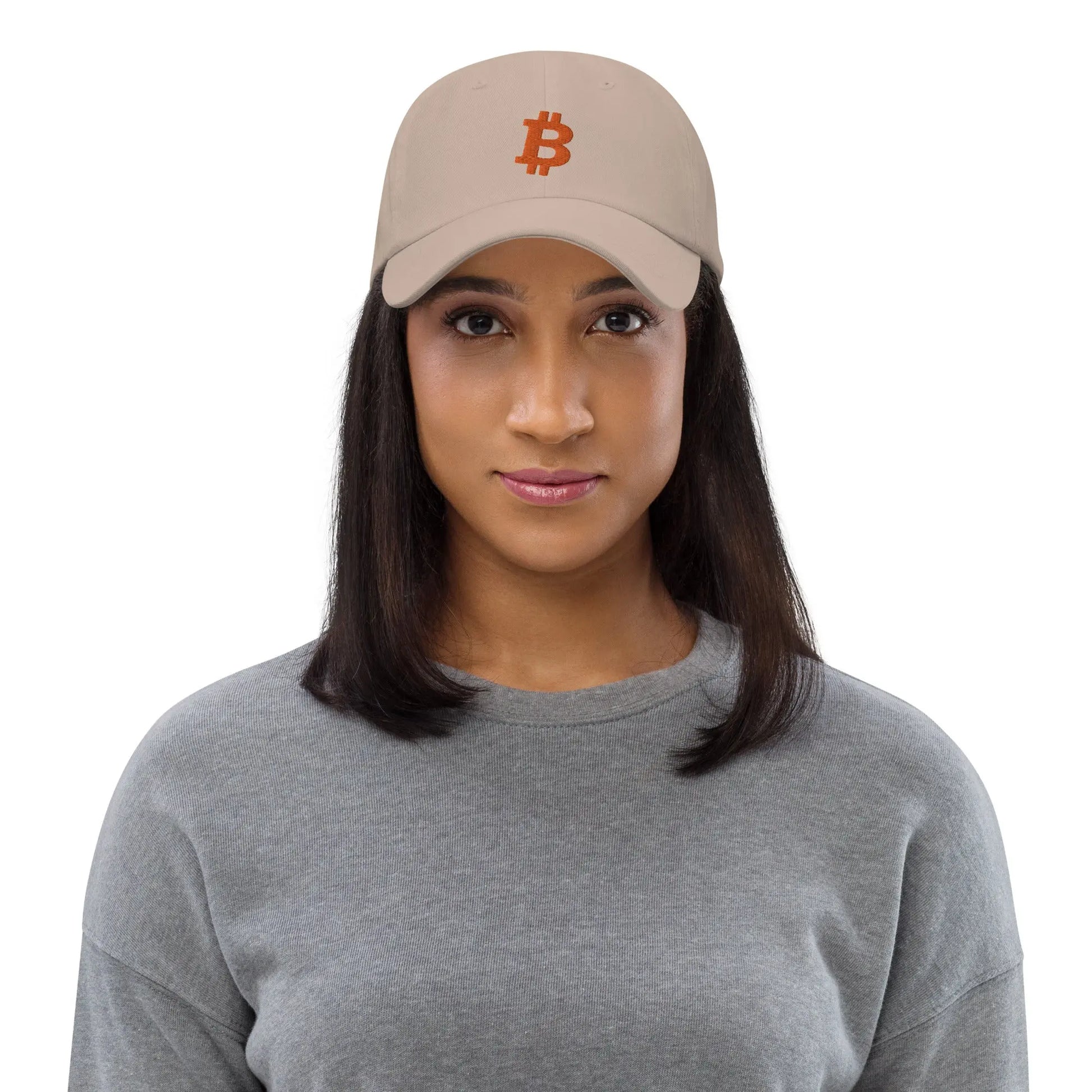 bitcoin hat - angled bitcoin symbol - orange embroidery front on female - black