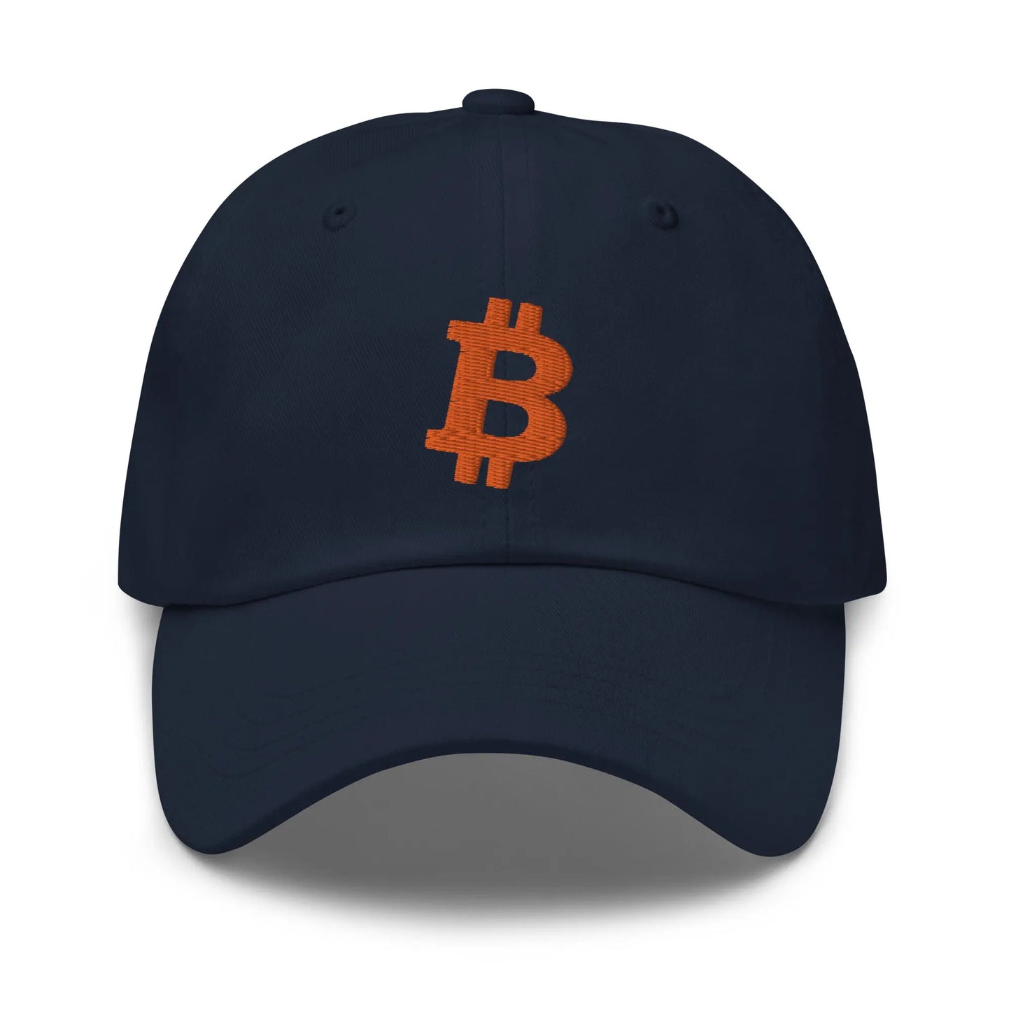 bitcoin hat - angled bitcoin symbol - orange embroidery front - navy