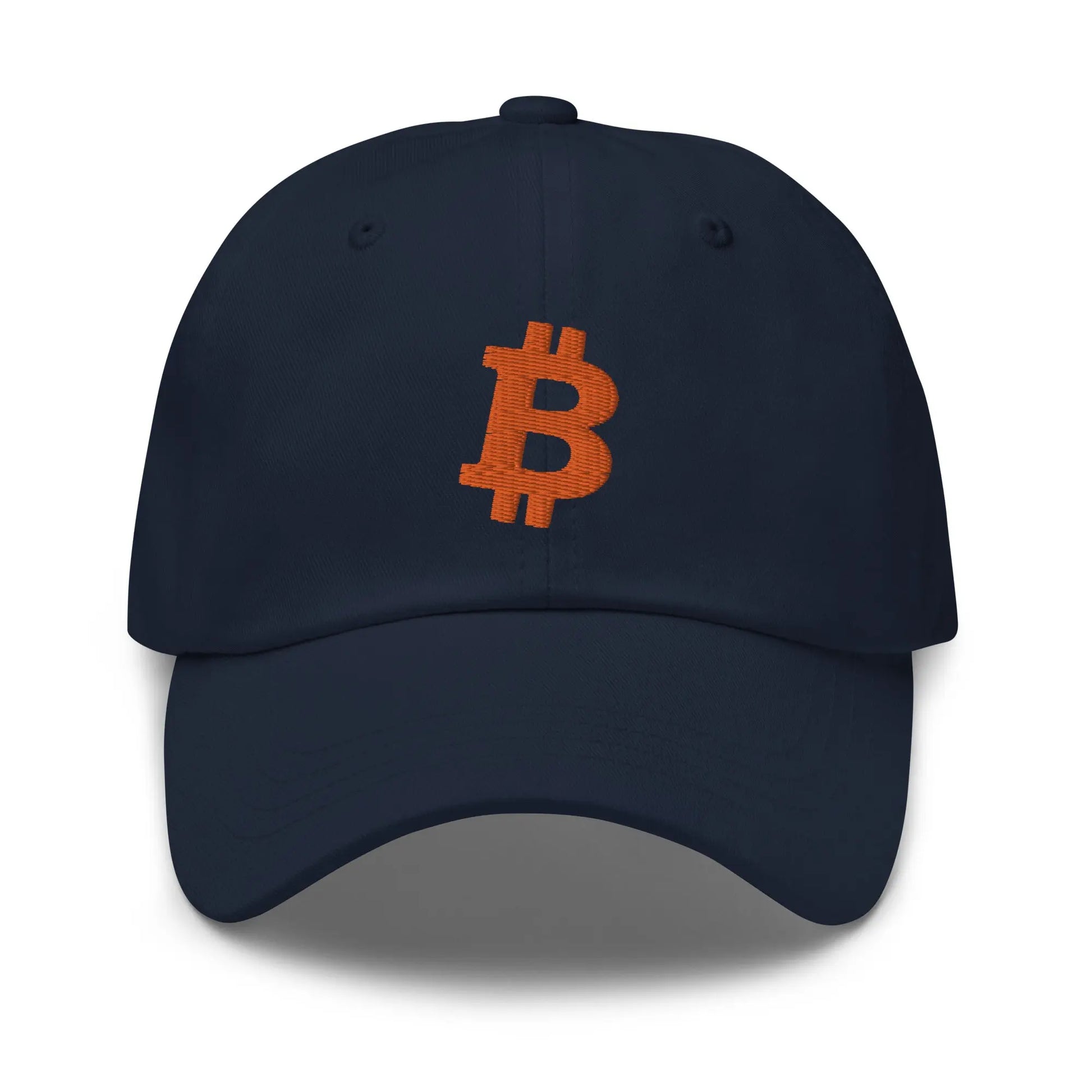 bitcoin hat - angled bitcoin symbol - orange embroidery front - navy