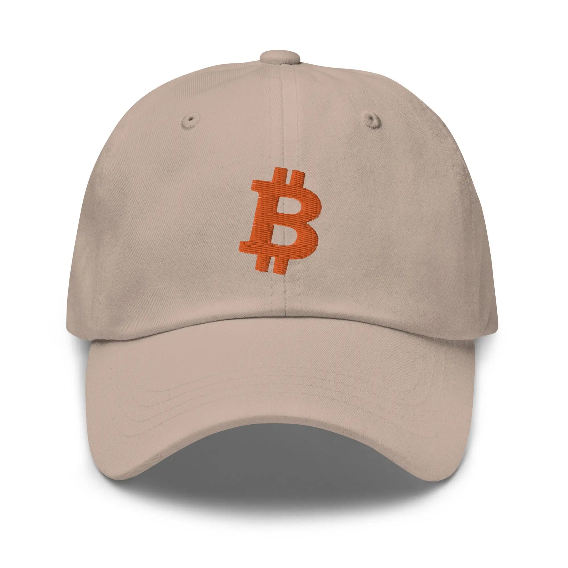 bitcoin hat - angled bitcoin symbol - orange embroidery front - stone
