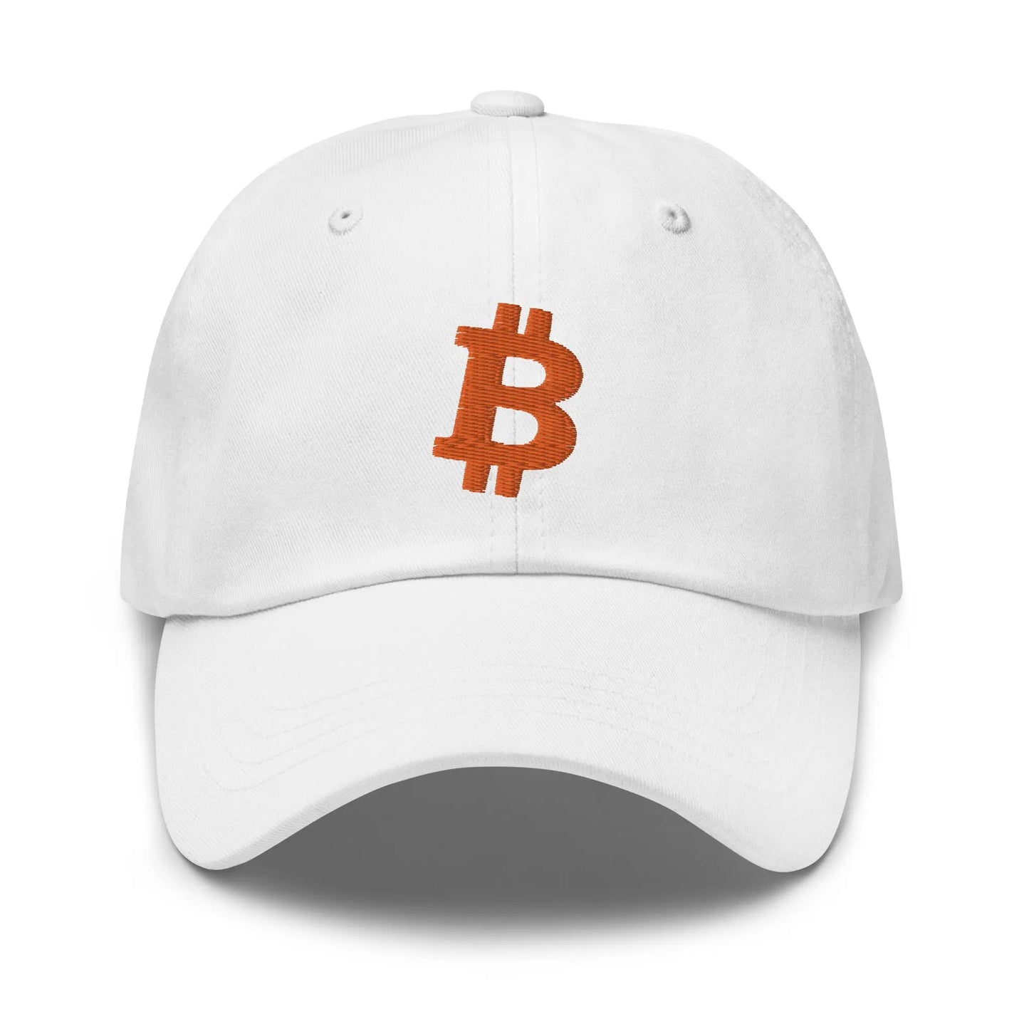 bitcoin hat - angled bitcoin symbol - orange embroidery front - white