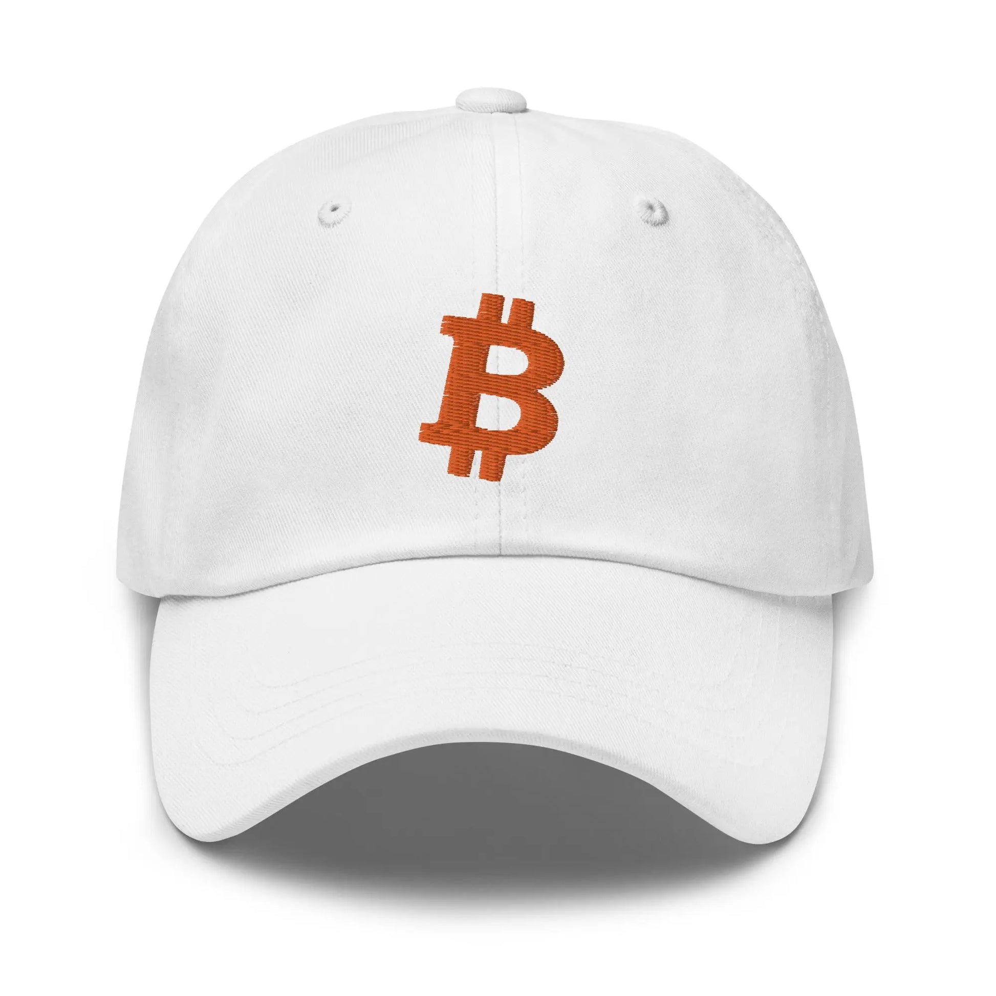 bitcoin hat - angled bitcoin symbol - orange embroidery front - white