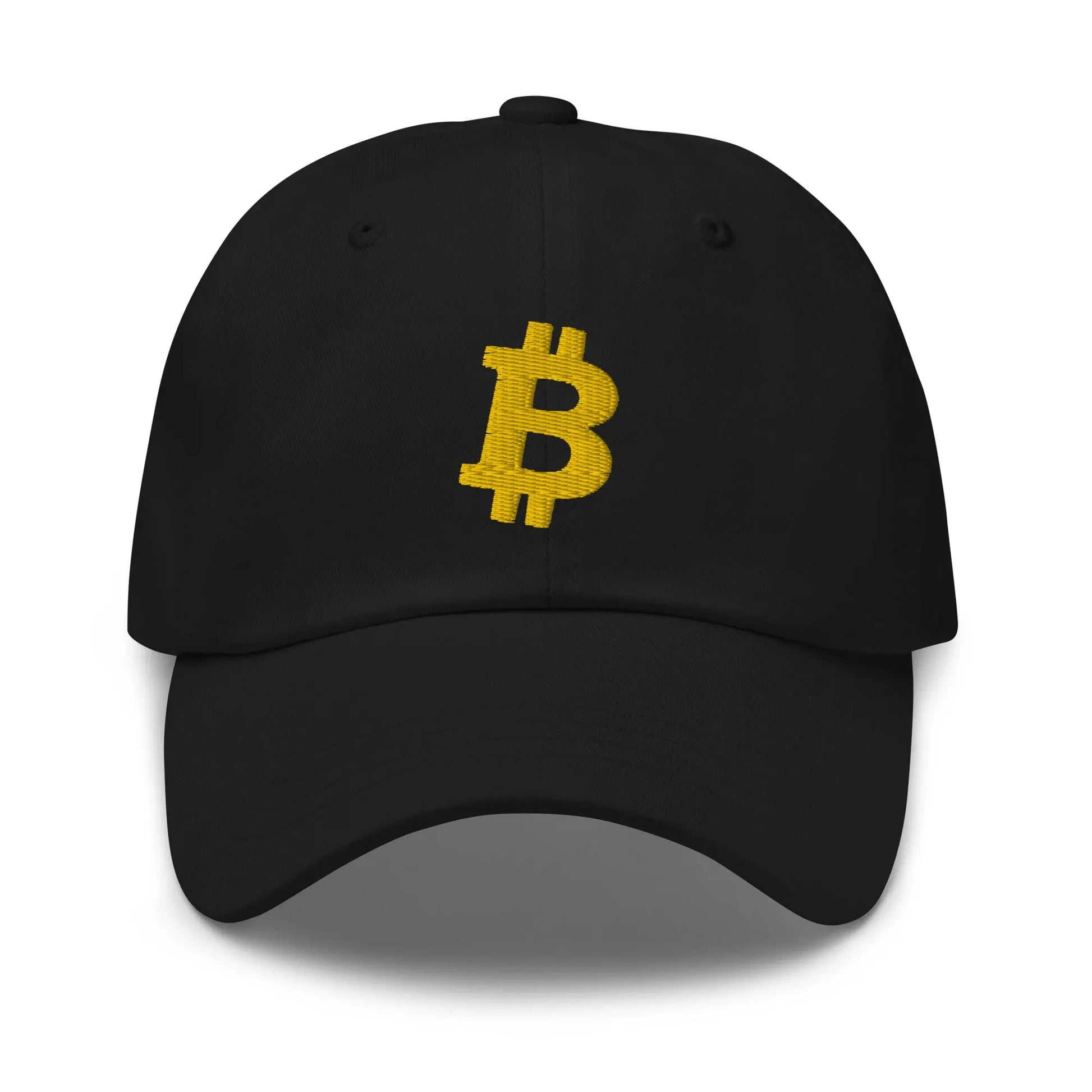 bitcoin hat - angled bitcoin symbol - gold embroidery front - black