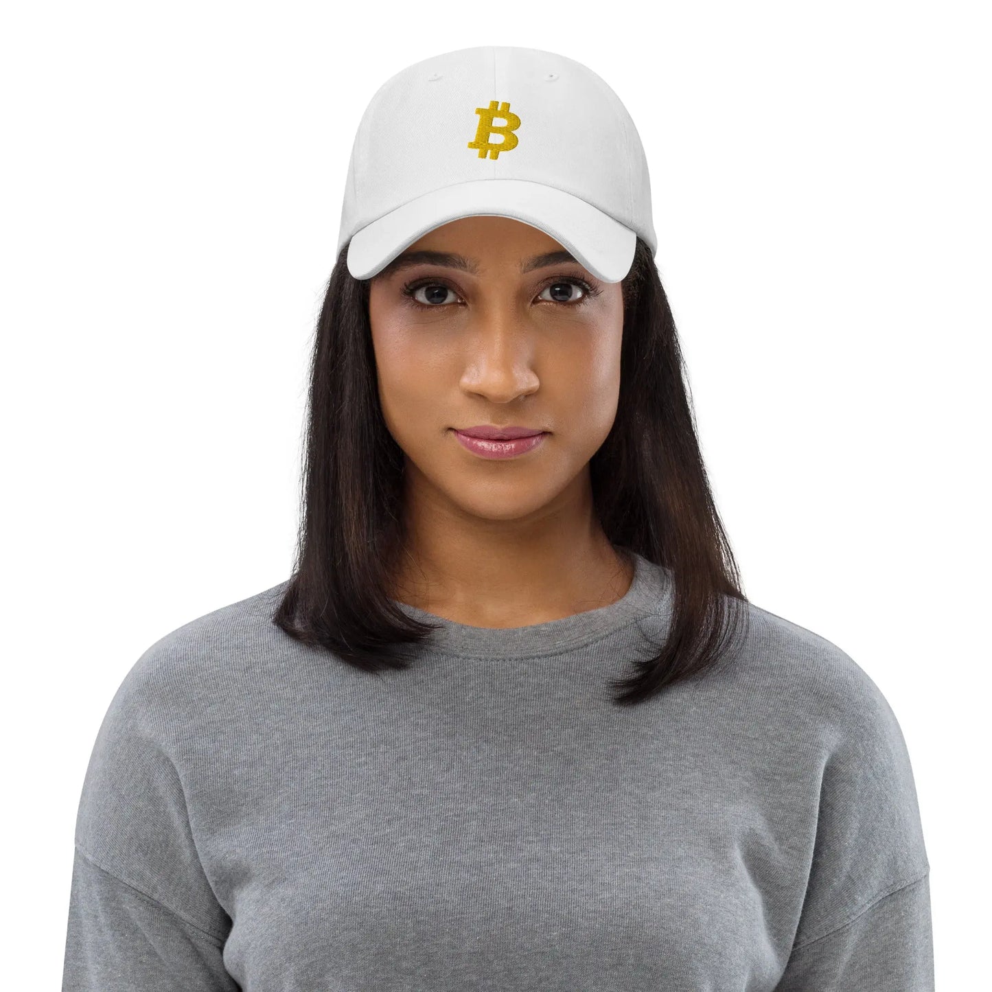 bitcoin hat - angled bitcoin symbol - gold embroidery front on female model - white