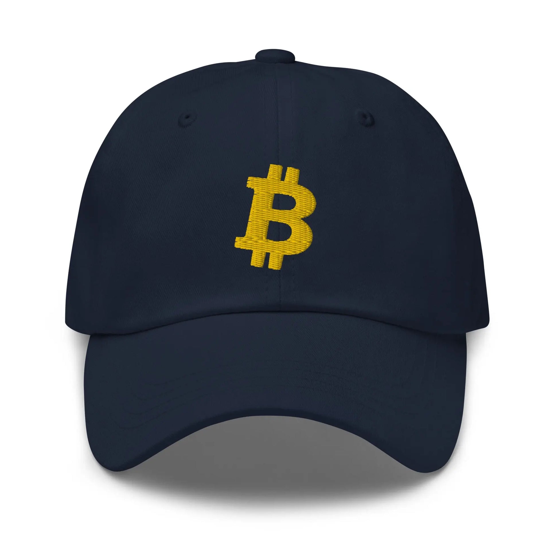 bitcoin hat - angled bitcoin symbol - gold embroidery front - navy