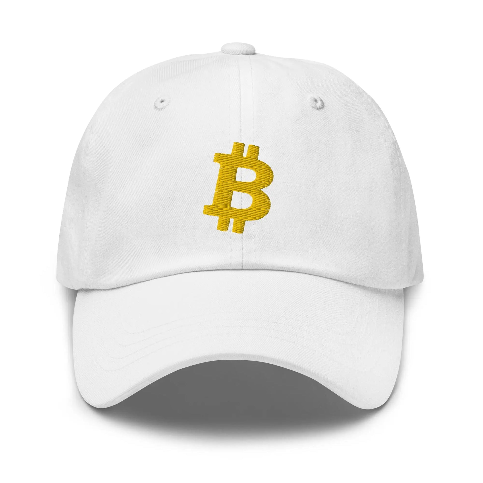 bitcoin hat - angled bitcoin symbol - gold embroidery front - white