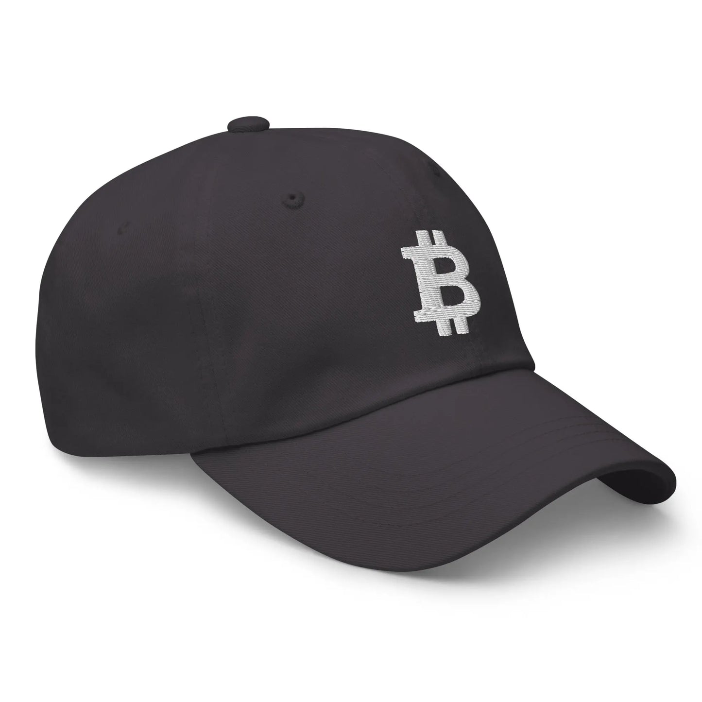 bitcoin hat - angled bitcoin symbol - white embroidery front - dark grey