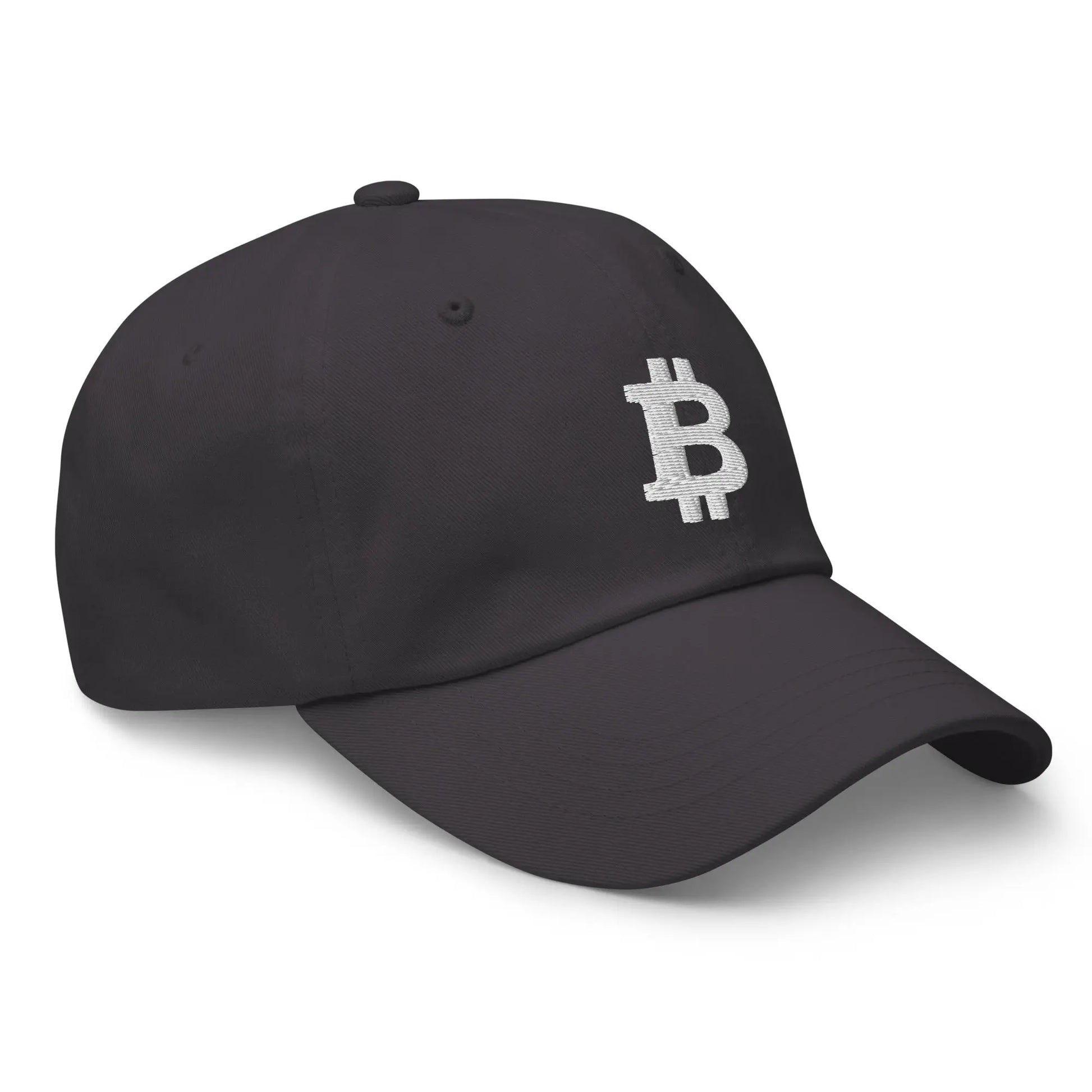 bitcoin hat - angled bitcoin symbol - white embroidery front - dark grey