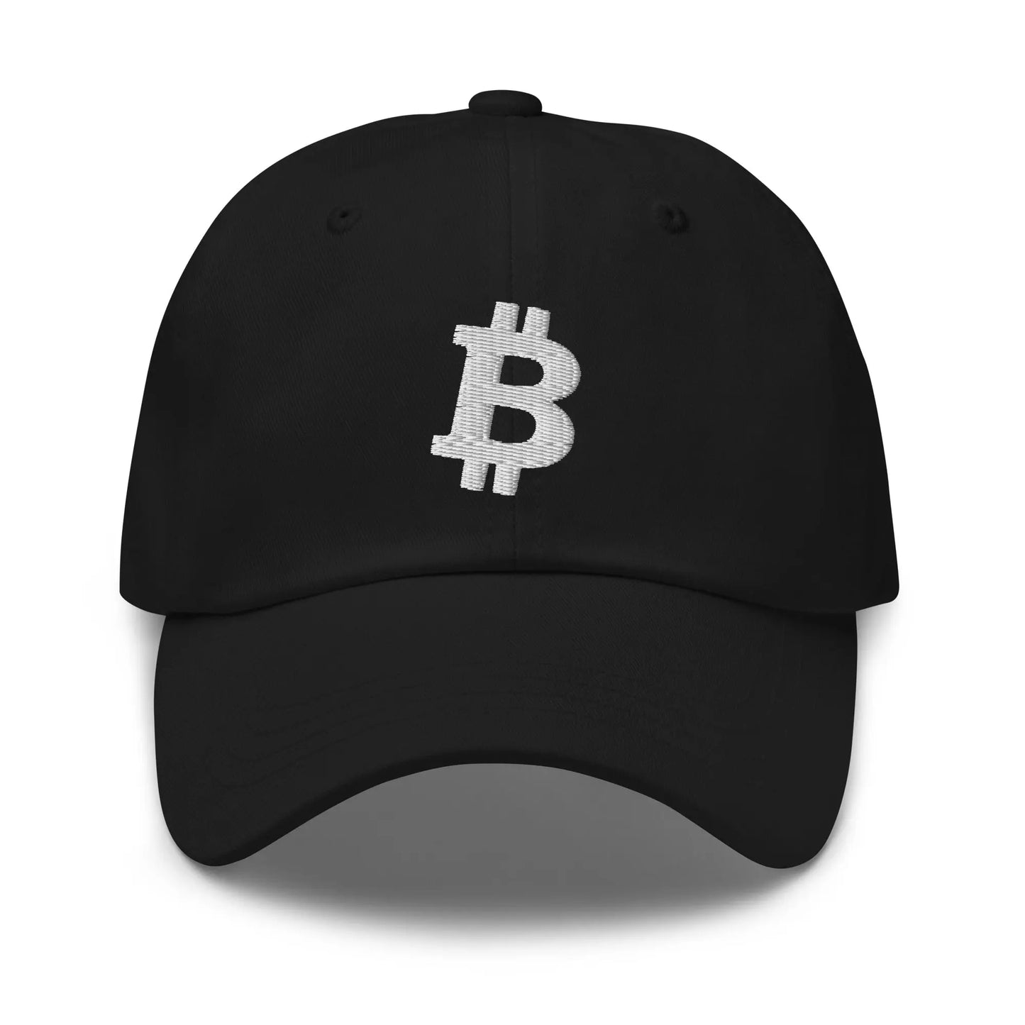bitcoin hat - angled bitcoin symbol - white embroidery front - black