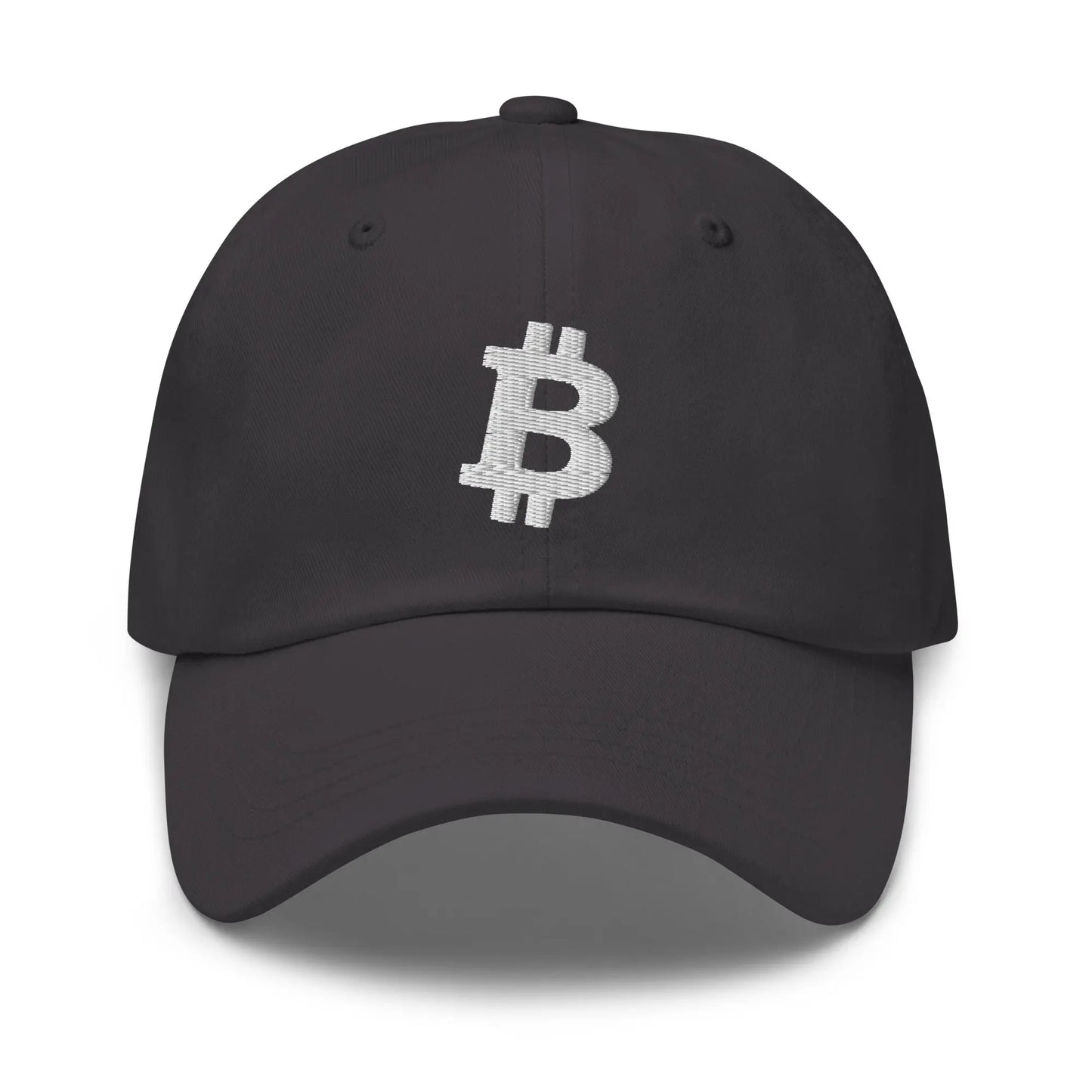 bitcoin hat - angled bitcoin symbol - white embroidery front - grey