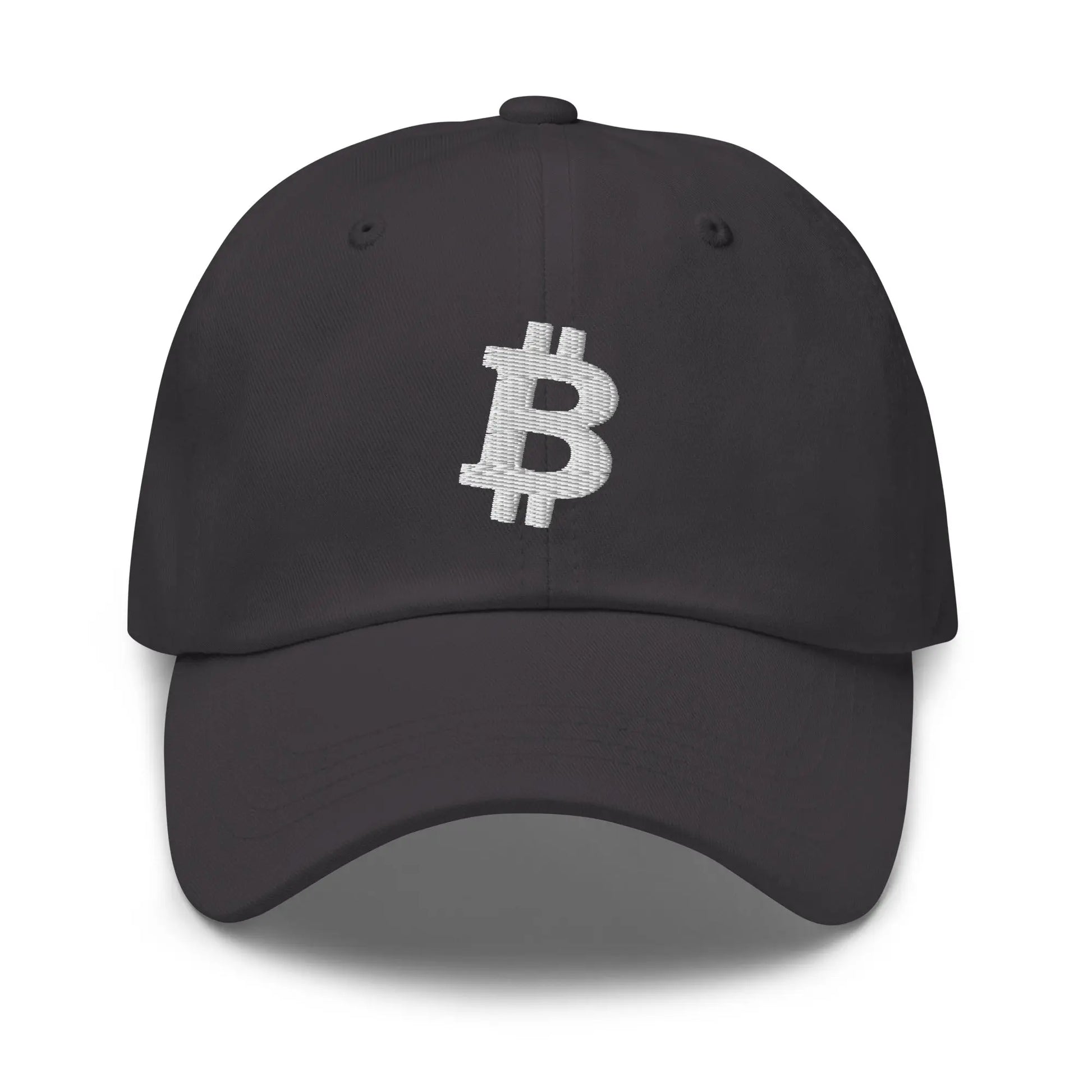 bitcoin hat - angled bitcoin symbol - white embroidery front - grey