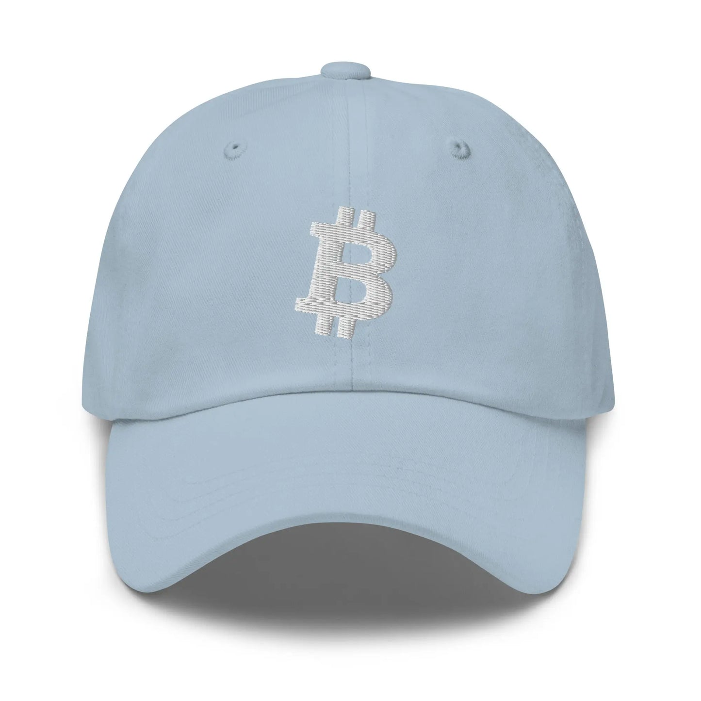 bitcoin hat - angled bitcoin symbol - white embroidery front - light blue